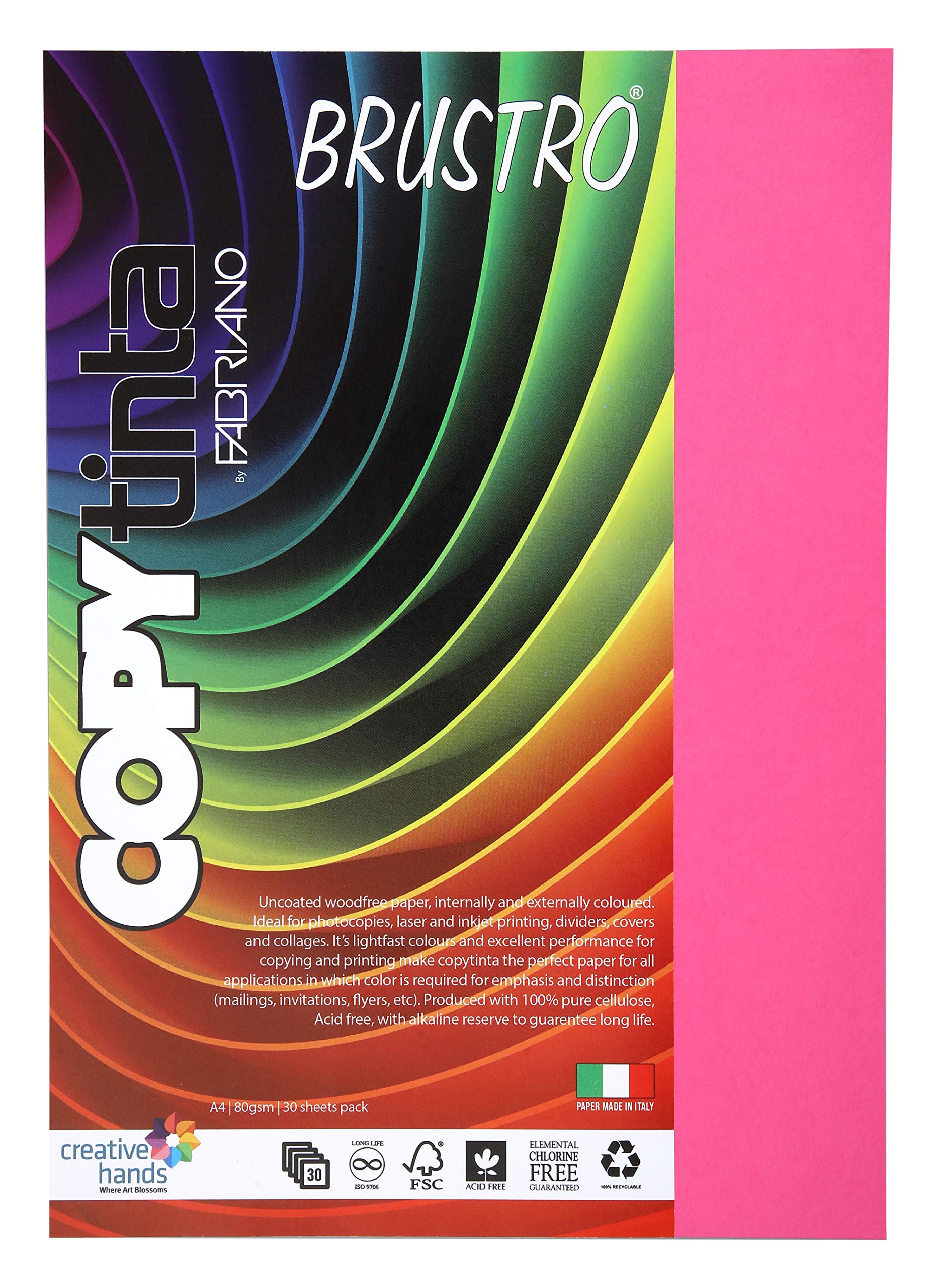 BRUSTRO Copytinta Coloured Craft Paper A4 Size 80 GSM Pink Shade (Fucsia), 30 Sheets Pack.| Double Side Coloured, Ideal for Office Printing,Origami & DIY Art,Craft.