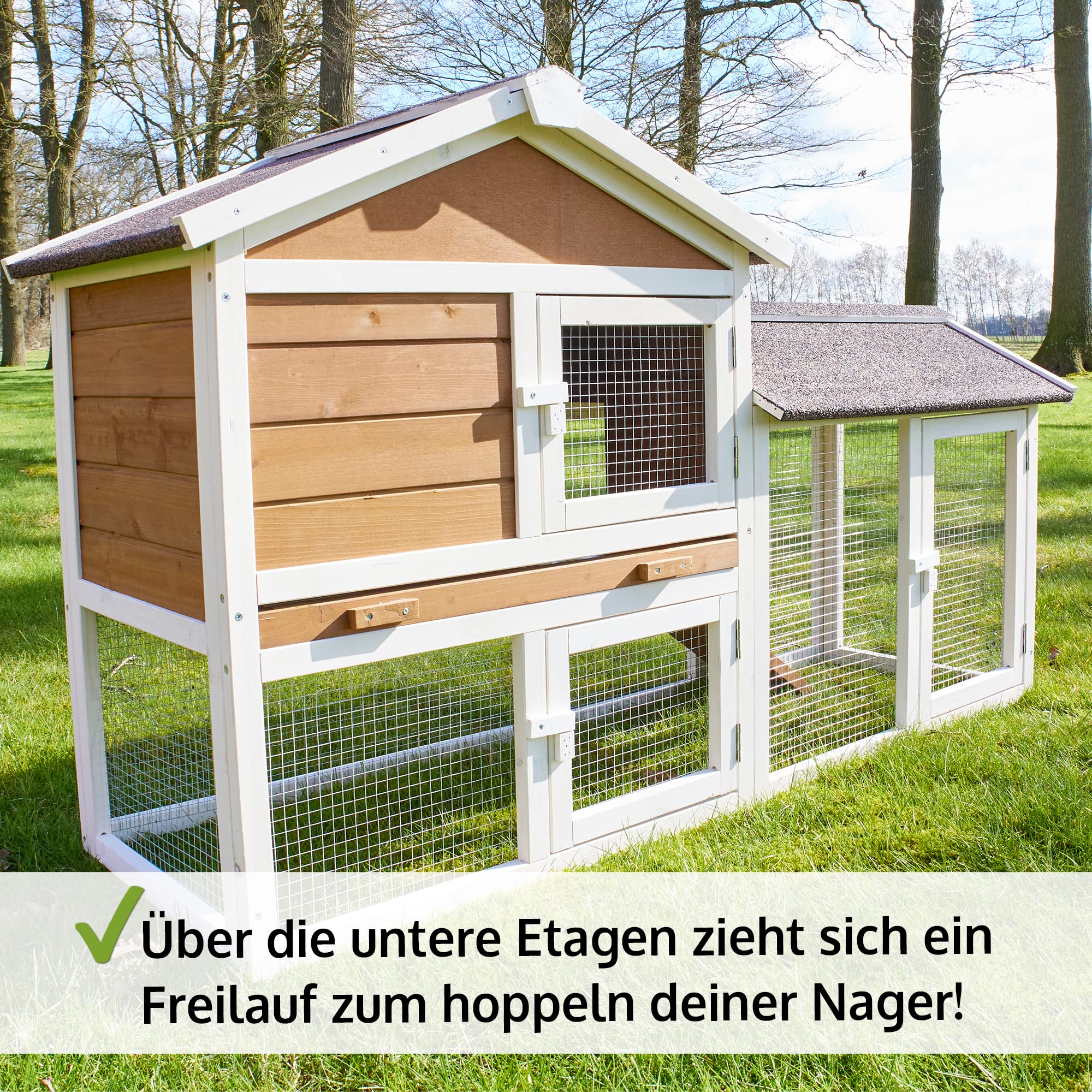 zooprinz Hasenstall mit Kotschublade – Vollholz braun-weiß | Kaninchenstall aus massivem Holz für draußen – Kleintierstall einfach zu reinigen, in natürlicher Farbe gestrichen