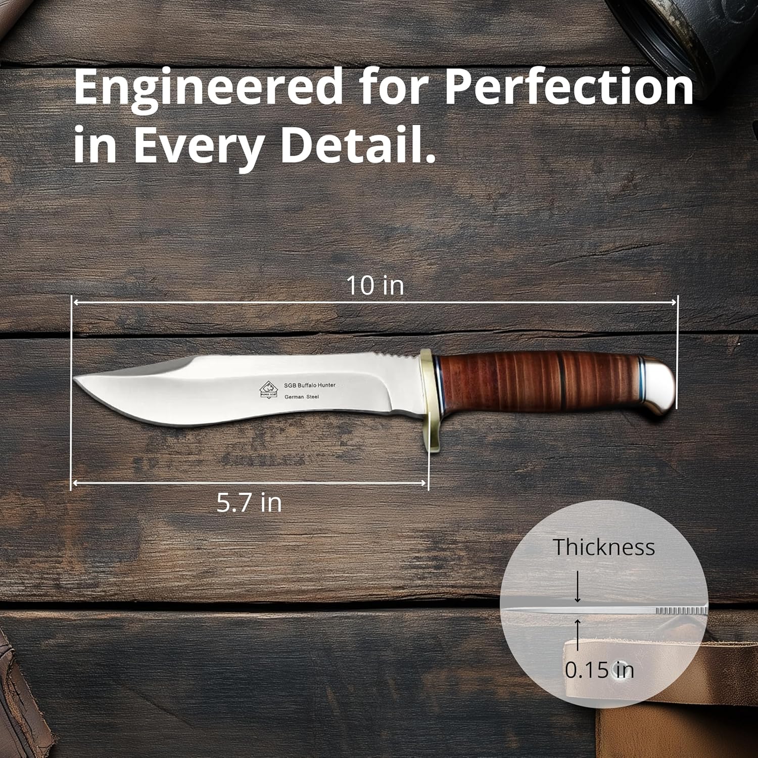 PUMA SGB – Buffalo Hunter - Hunting Knife with Leather Handle – Handmade from German 1.4116 Steel – 5.7” Fixed Blade – Full Tang – Includes High Quality Leather Sheath
