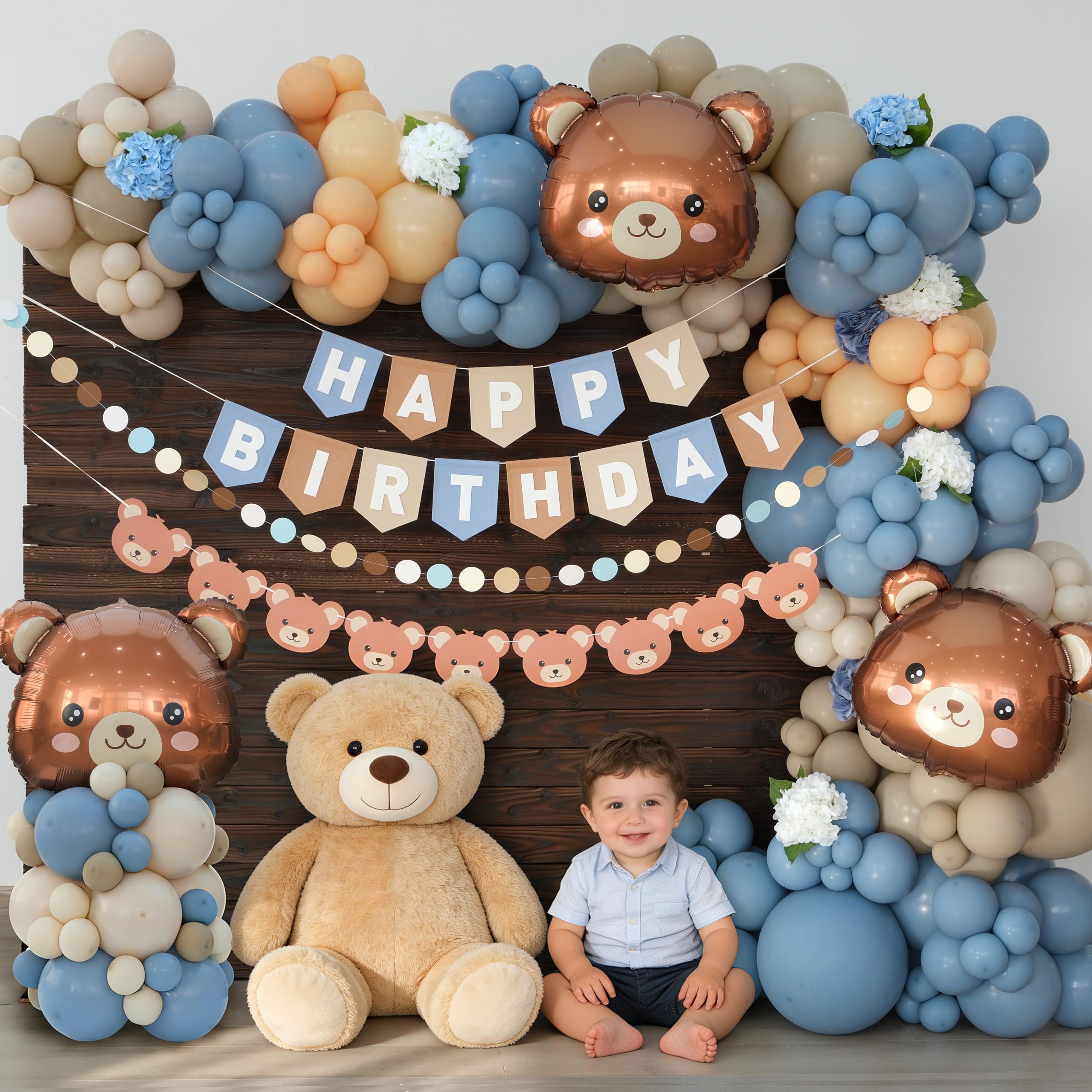 Kit de arco de globos de cumpleaños de oso para bebé, azul, caqui y marrón, decoración temática de oso