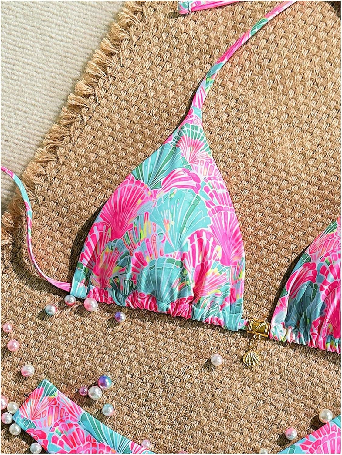 BEAUDRM Women's 2 Piece Bikini Set Shell Triangle Thong Bikini Boho Seashell High Waisted Bathing Suit String Halter Swimsuit