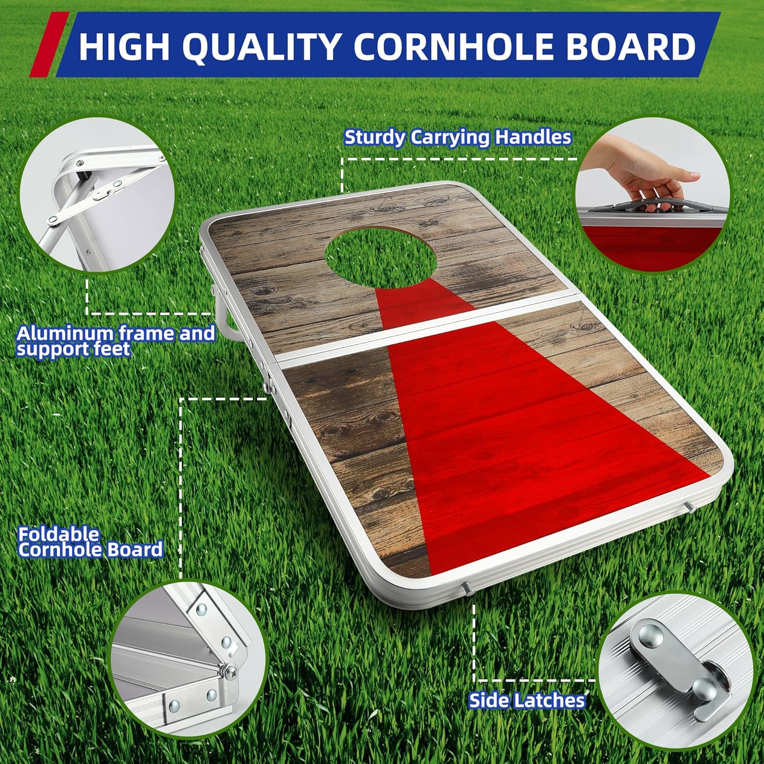 Portable Cornhole Board Set with Aluminum Alloy Edging,2x1.3ft Foldable Corn Hole Games for Adults and Family with 8 Bean Bags for Outdoor Backyard Travel Tailgate Camping