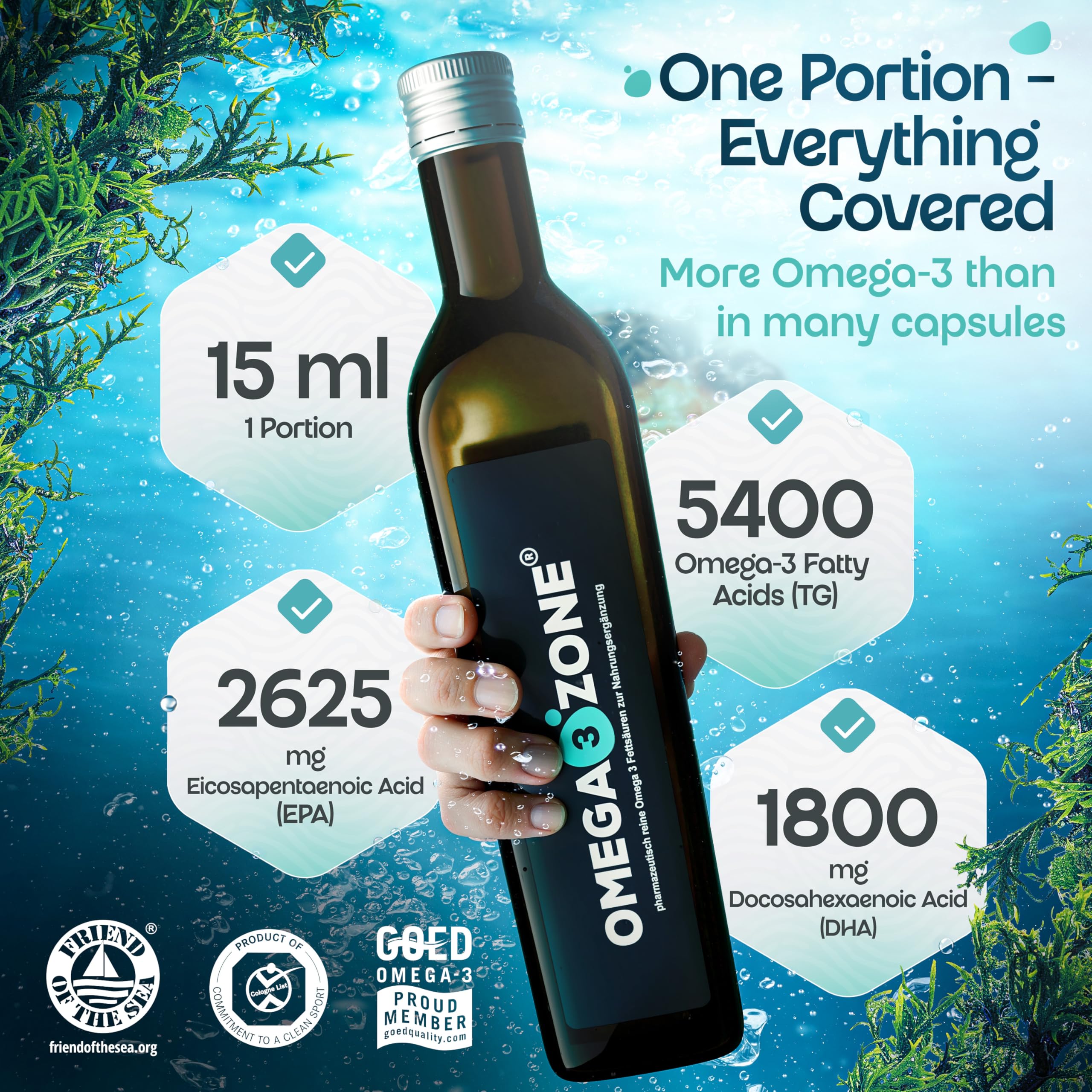 omega3zone Wysokodawkowy olej rybny Omega 3 - Omega 3 z 5400 mg na porcję - Olej rybny premium - Omega-3 testowane laboratoryjnie, wyprodukowane w Niemczech - 500 ml (Cytryna)