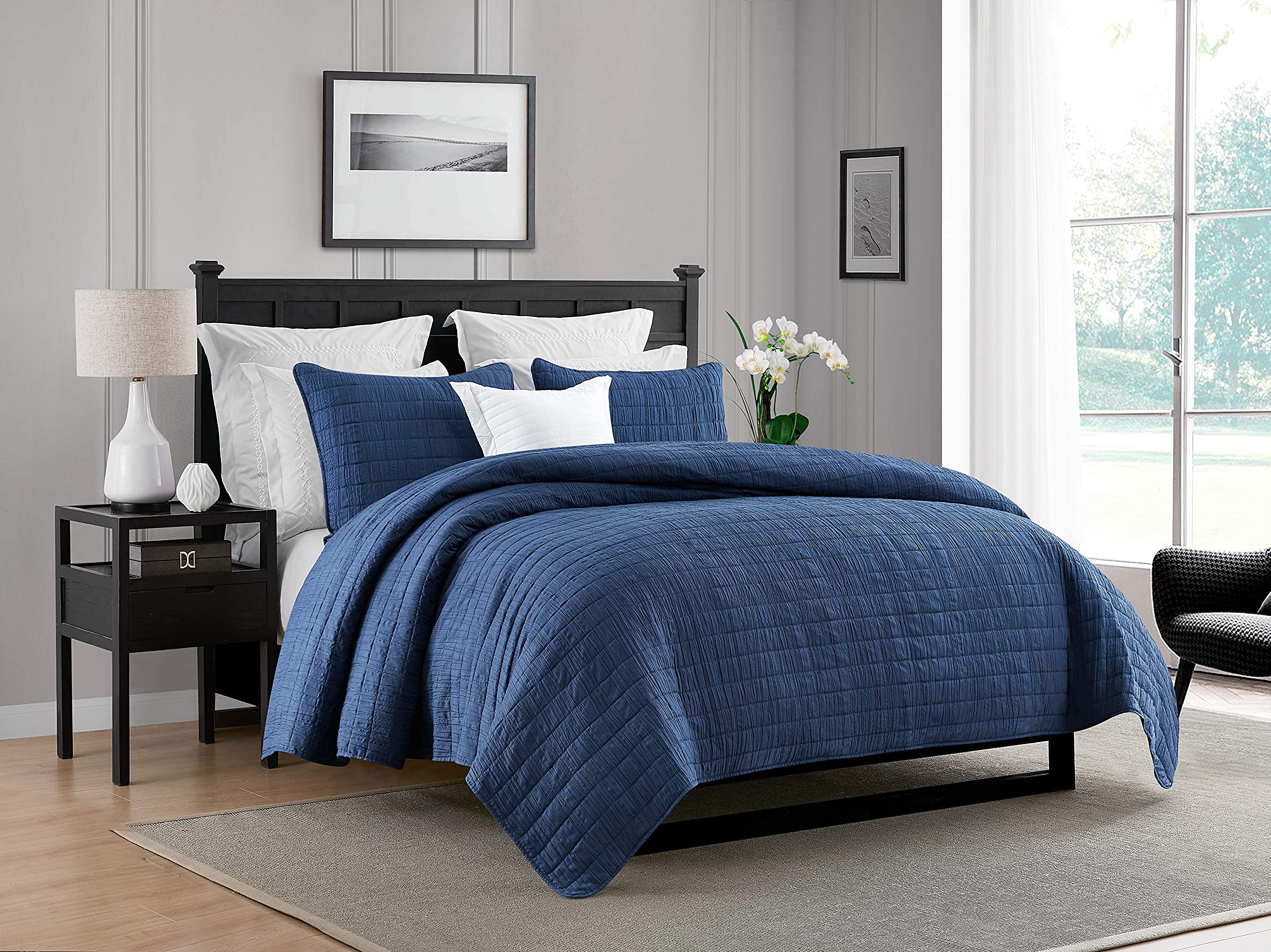 Swift Home Lightweight Oversized, Ultra-Soft, Enzyme Washed, Crinkle Texture, Breathable Cotton Blend Fill, 3-Piece Coverlet/Bedspread/Quilt Set – Navy, Full/Queen