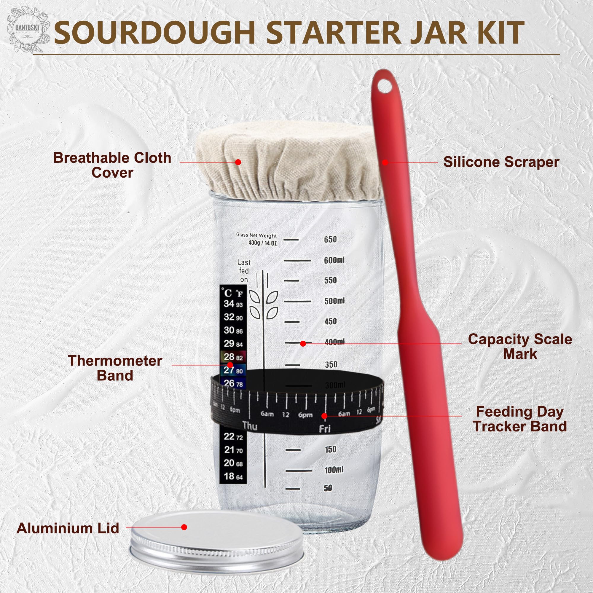 Complete Sourdough Starter Kit, Sourdough Bread Baking Supplies, Banneton Bread Proofing Basket with Sourdough Starter Jar, 9inch Round Bread Proofing Basket, for Bread Baking