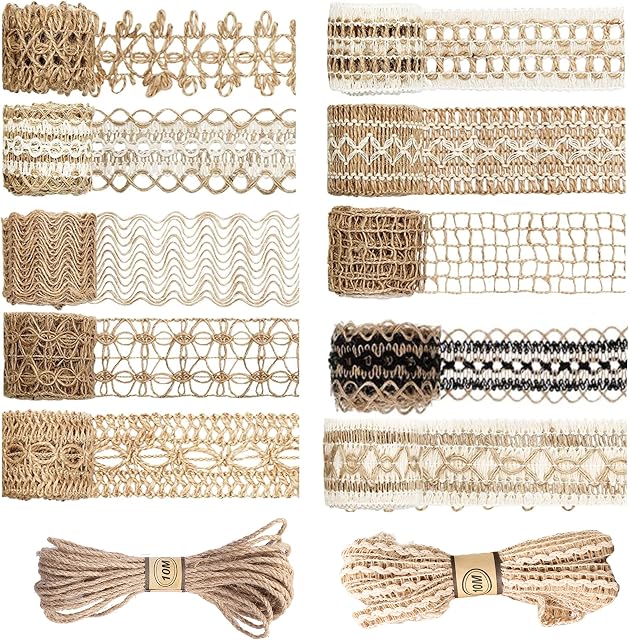 10 Rolls Ruffle Jute Ribbon, Natural Burlap Ribbon Lace Roll Total 20M,2roll 32 Feet Twine Rope, Fabric Lace Trim for Wrapping Gifts Party Holiday and Rustic Wedding Decorations