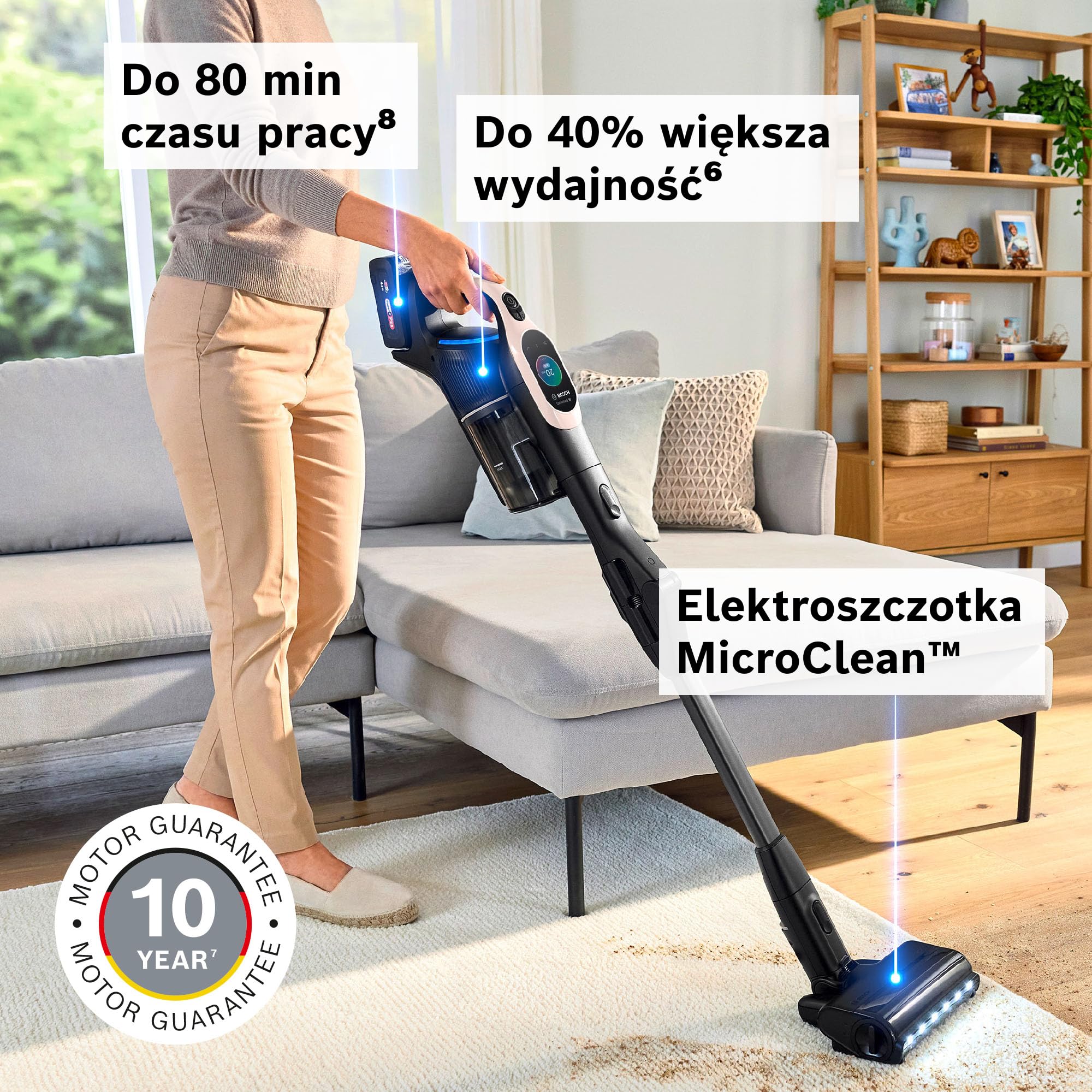 Bosch Unlimited 10, Odkurzacz Bezprzewodowy z Technologią MicroClean, łatwo opróżnianym pojemnikiem na kurz, zginaną rurą, podświetleniem LED i akumulatorem 4,0 Ah, kolor różowy, BKS1041RHF