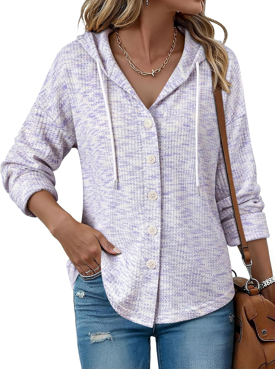 ZXZY Waffle Knit Tops for Women Casual Long Sleeve Button Hooded Sweatshirts Hoodies