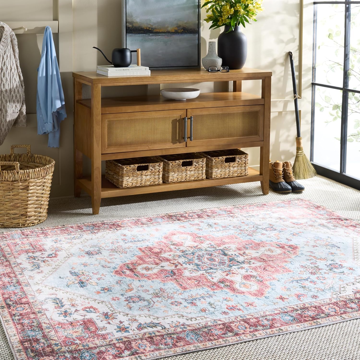 Martha Stewart x SAFAVIEH Machine Washable Area Rug Collection - 5' x 7', Red & Blue, Slip Resistant & Easy Cleaning, Ideal for Ideal for Living Room, Bedroom, Dining Space (MSRW148M)