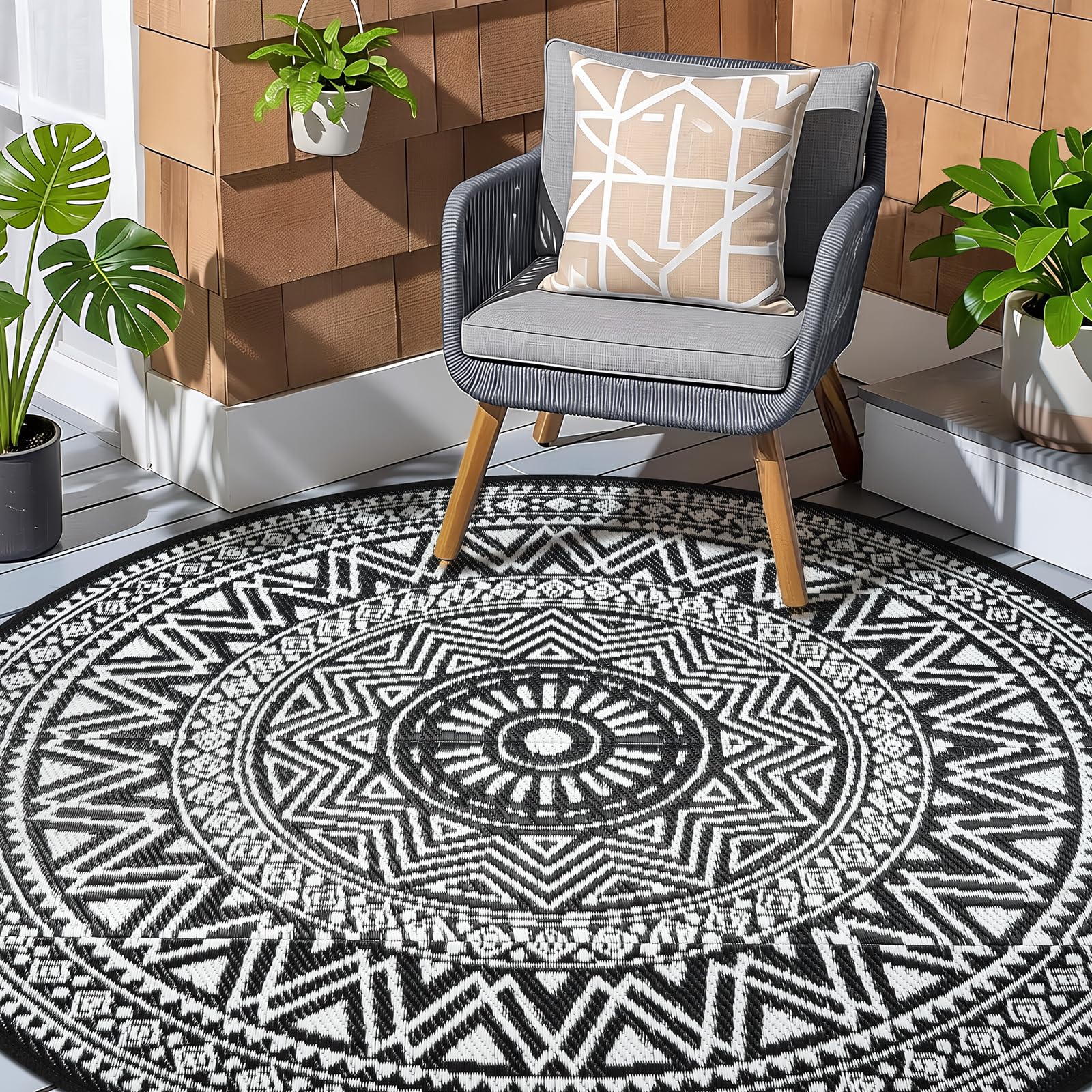 Outdoor Garden Rugs 180cm Round Outdoor Rug for Patios Waterproof Reversible Boho Mats Lightweight Plastic Outdoor Area Rug for RV, Balcony, Beach, Backyard, Picnic, Porch, Deck, Black & White