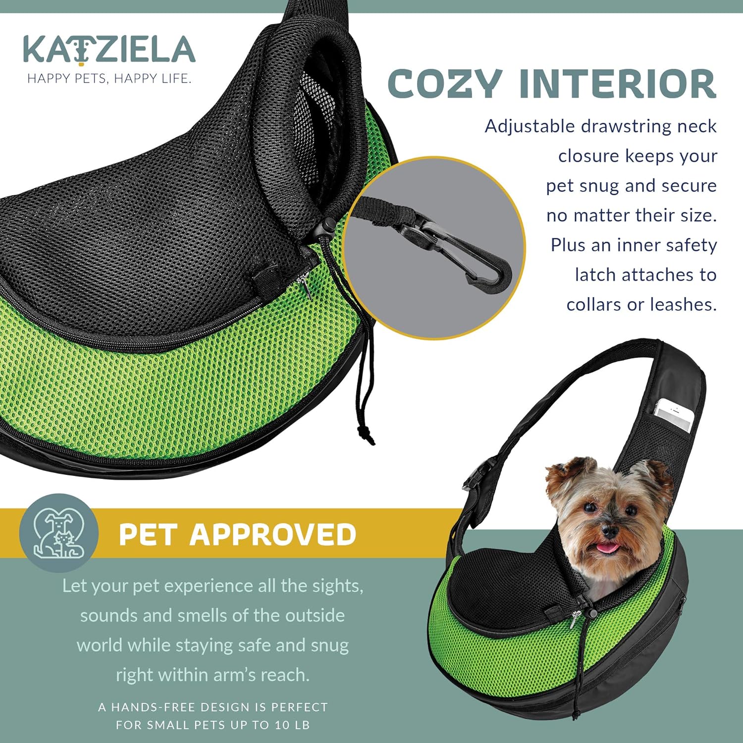 Expandable Pet Carrier Sling Bag - Small Dog, Puppy and Cat Carrier Front Shoulder Backpack w/Harness Strap - Carrying Pouch for ESA, Animal Travel - PU Leather Bottom, Mesh Pocket by Katziela (Green)