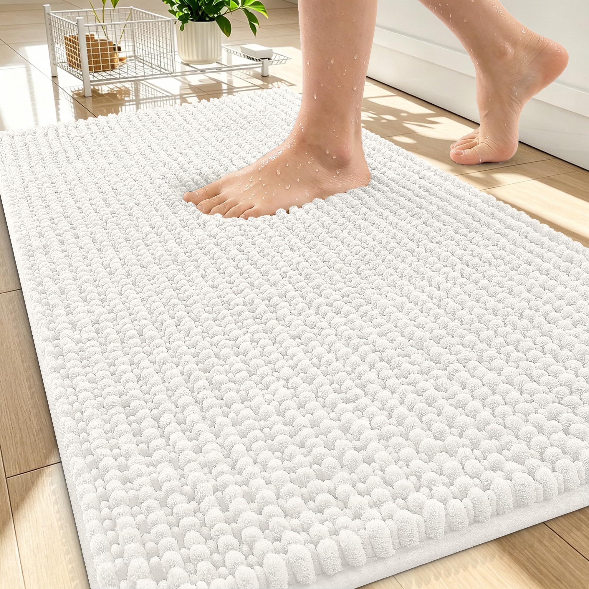 OLANLY Thick Chenille Bathroom Rugs 30x20, Soft Absorbent Bath Mat, Ivory