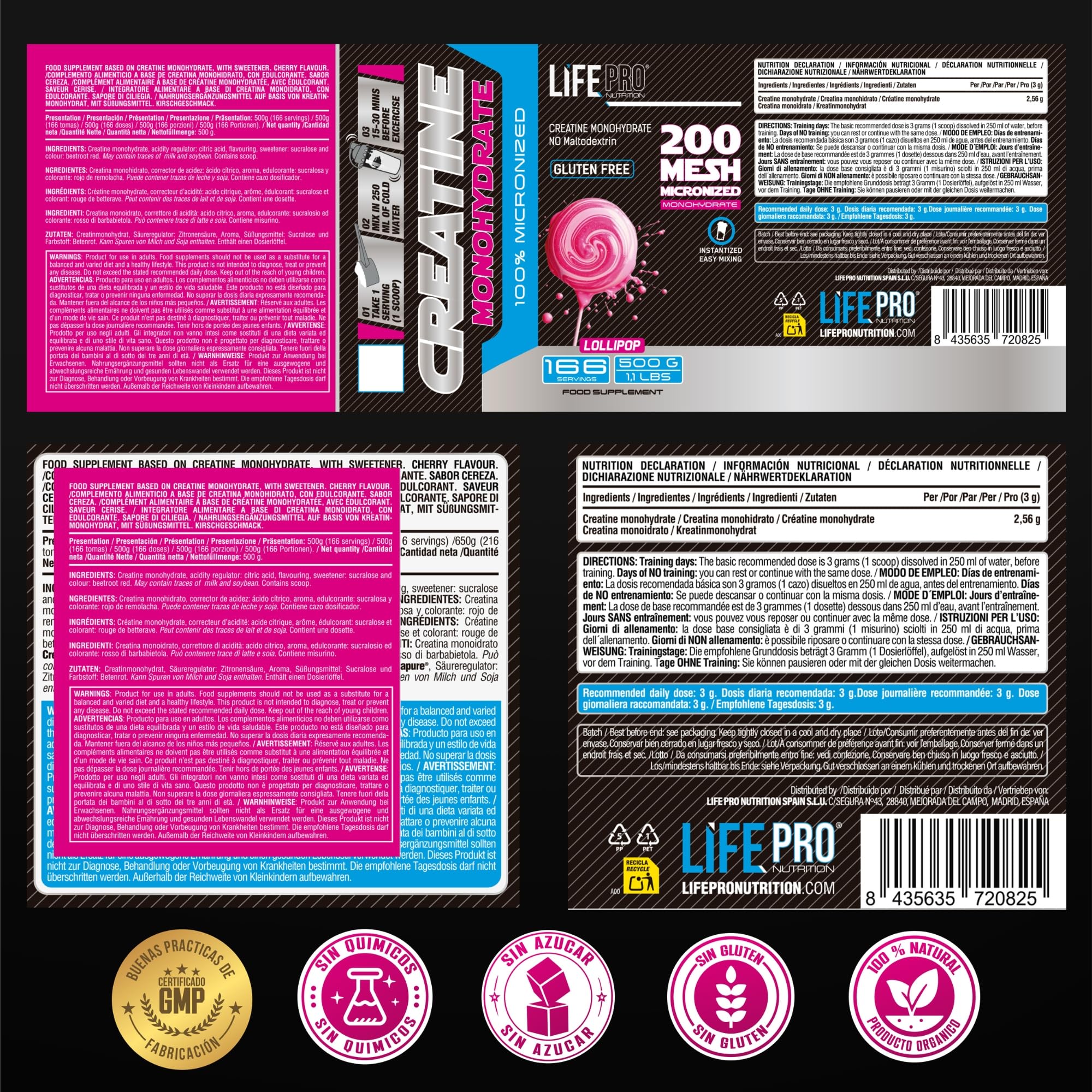 Life Pro Creatina Monohidratada 200 Mesh Micronizada, Creatina Polvo con 99.9% Pureza, Aumenta Resistencia y Fuerza, Absorción Rápida, Entrenamiento y Rendimiento Deportivo (500g, Lollipop)