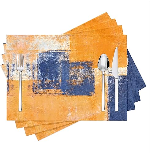 Miniatura 15 de Juego de 6 manteles individuales naranjas para mesa de comedor, arte moderno, pintura abstracta, manteles individuales de lino lavables para cocina,