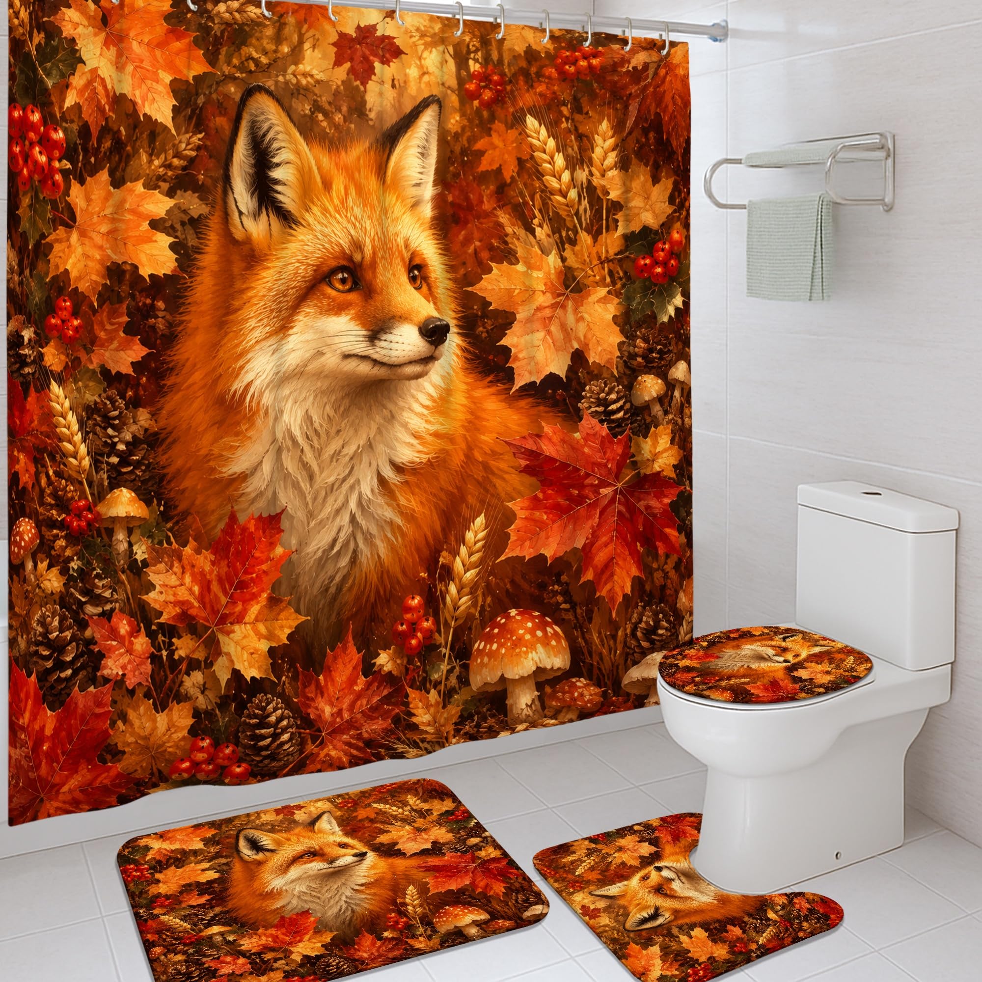 Rideau de douche renard et champignons pour une salle de bain automnale et chaleureuse