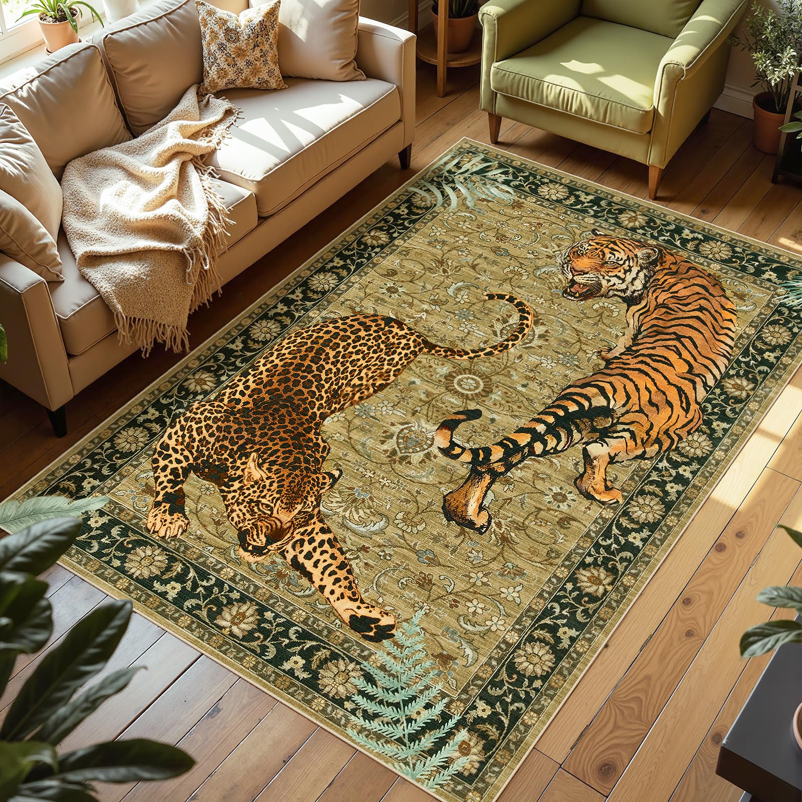 Animal Print Area Rugs for a Layered Room in 2026 1 Joydeco Tiger Cheetah Animal Print 5x7 Washable Living Room Bedroom Ru — product photo