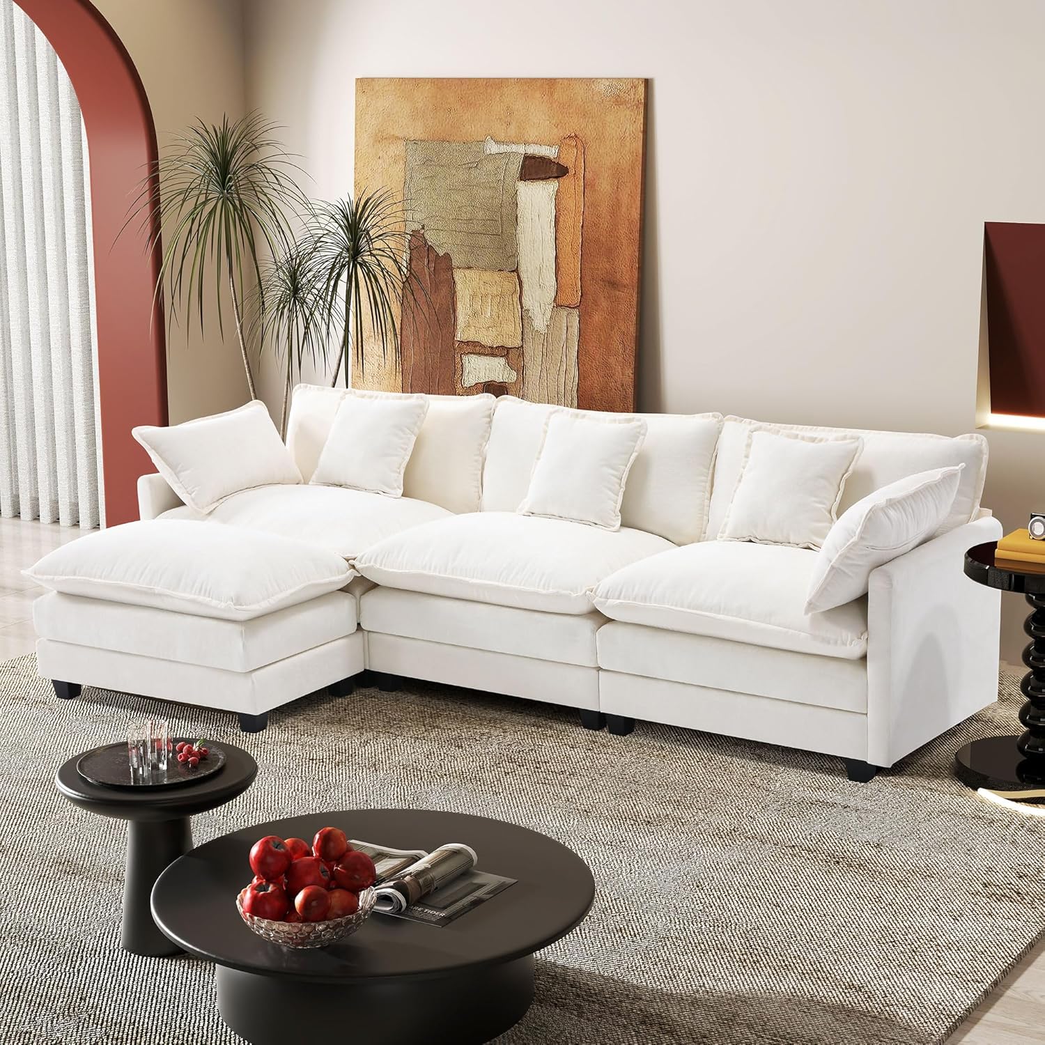 113.4" modular sectional sofa,l shaped couch for living room,modern deep seat sofa 3 seater chenille fabric comfy cloud couches with throw pillows & movable ottoman 3 seats & 1 ottoman beige