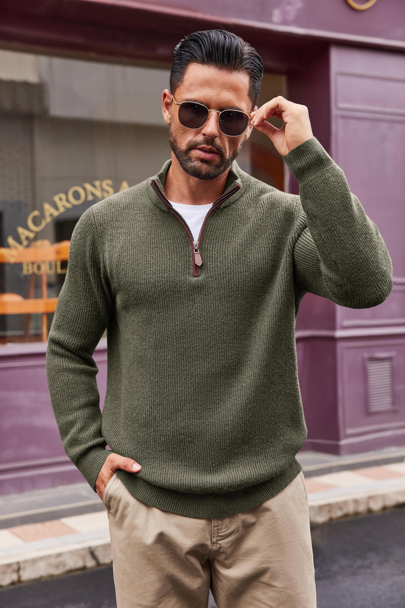 Runcati Jersey para hombre con cremallera 1/4, cuello redondo, ligero, de punto fino, jersey de invierno básico
