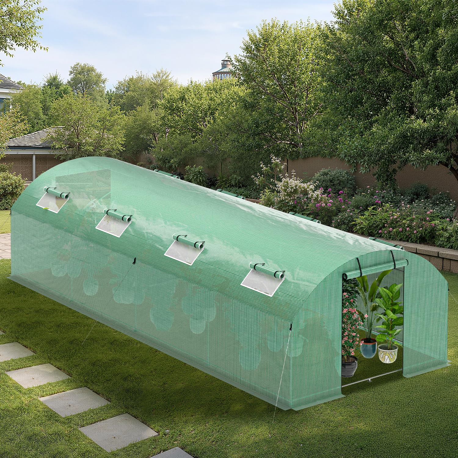 300x800x200 cm Foliengewächshaus Winterfest mit extra stabilem Stahlrahmen, 16 Fenster & 4 Reißverschlusstüren, 2 x 140g/m² PE UV50+, Tomaten Gewächshaus inkl. 54 Erdanker Set