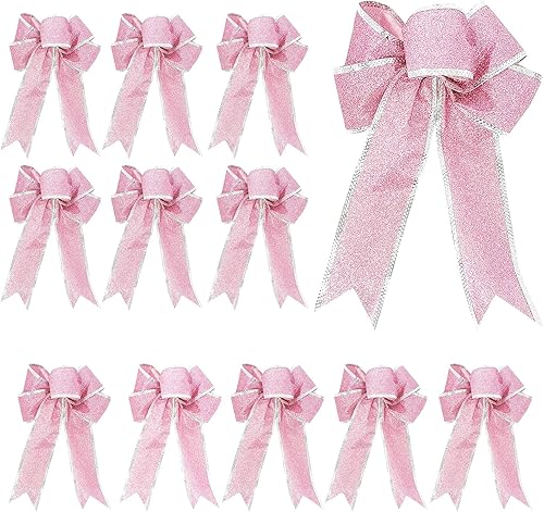 12 piezas de lujo de 8 pulgadas con purpurina rosa artificial, lazo de Navidad para árbol de Navidad, coronas, decoración de caja de regalo, adorno