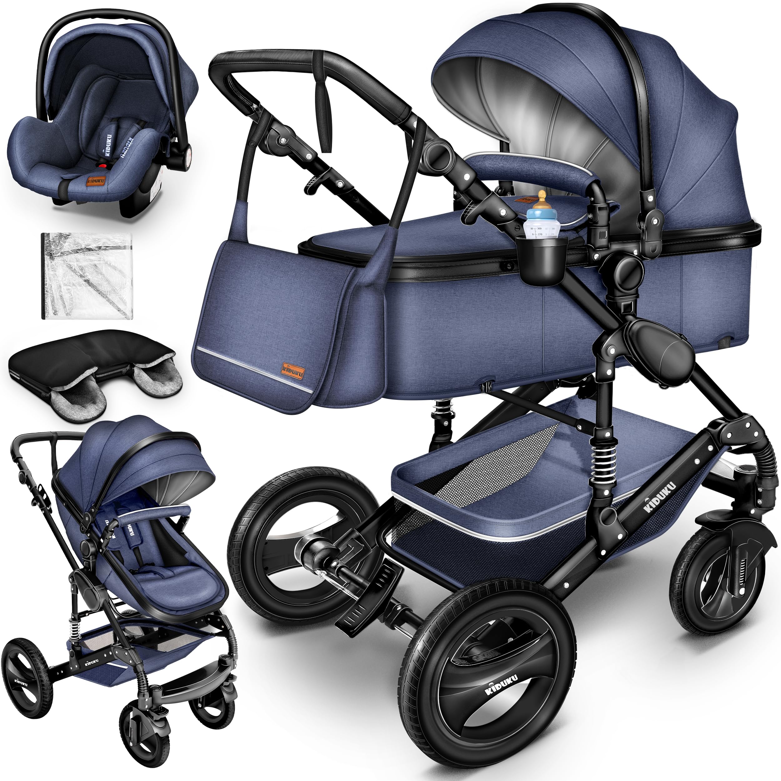 KIDUKU 3 in 1 Kinderwagen XXL Komplettset Kombikinderwagen mit Babywanne Buggy Sportsitz Auto-Babyschale Fußsack Vollgummireifen Wickeltasche Regenschutz ECE R129