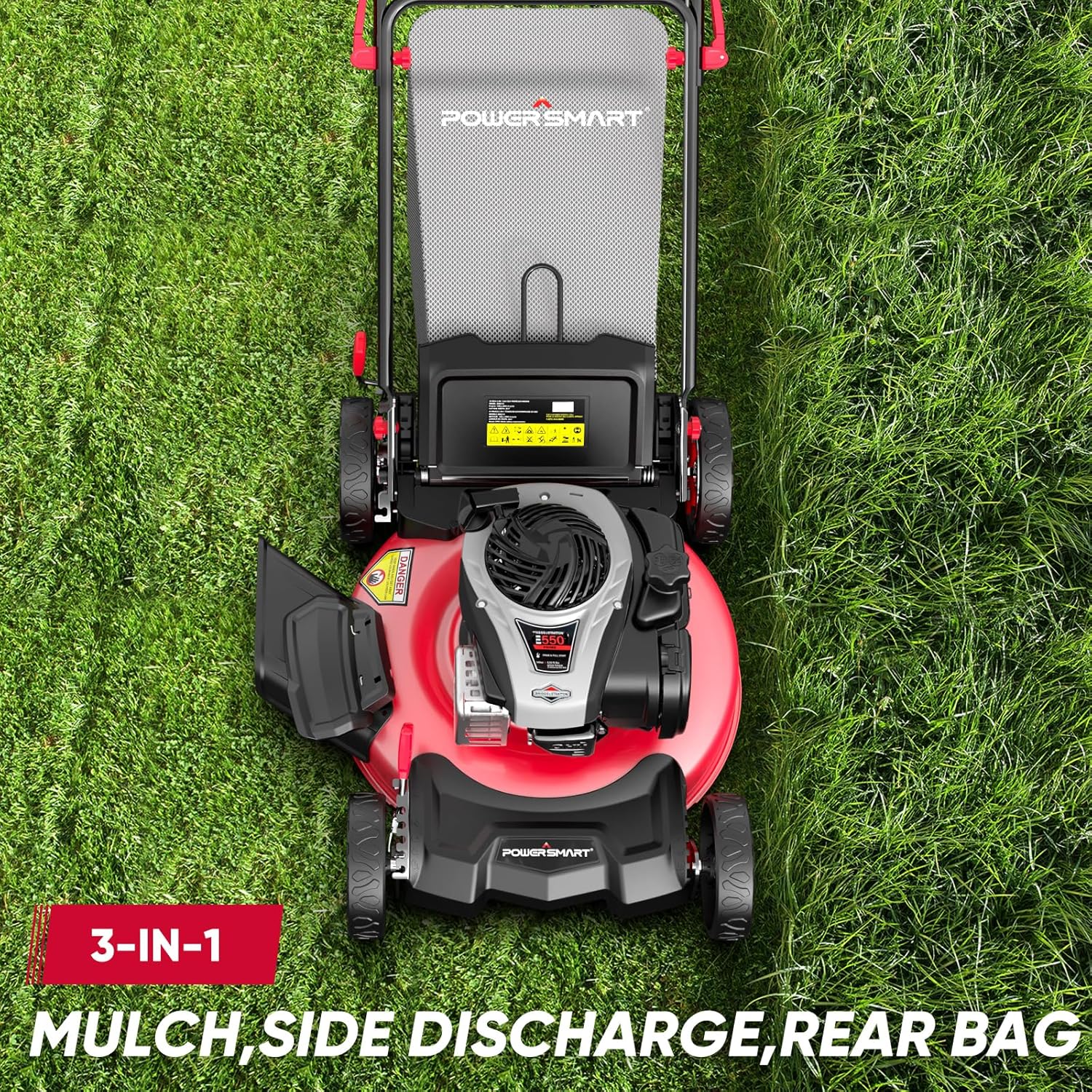 PowerSmart mower showing 3-in-1 capabilities: mulch, side discharge, rear bag