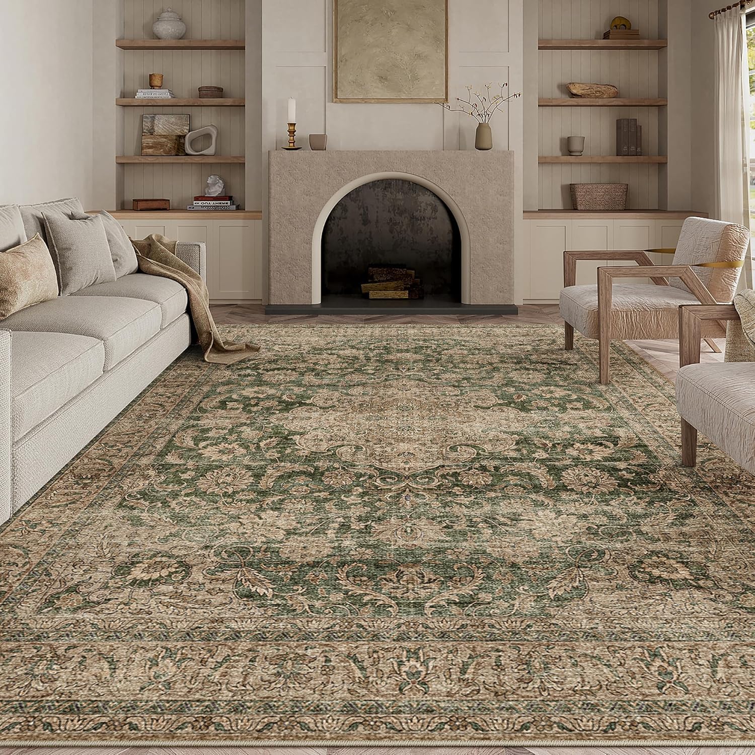 HUGEAR Vintage Rugs Living Room Green Large Area Rug 200x300cm Non Slip Washable Hall Lounge Bedroom Kitchen Office Dining Room Indoor Carpet Low Pile Big Carpets — image 1