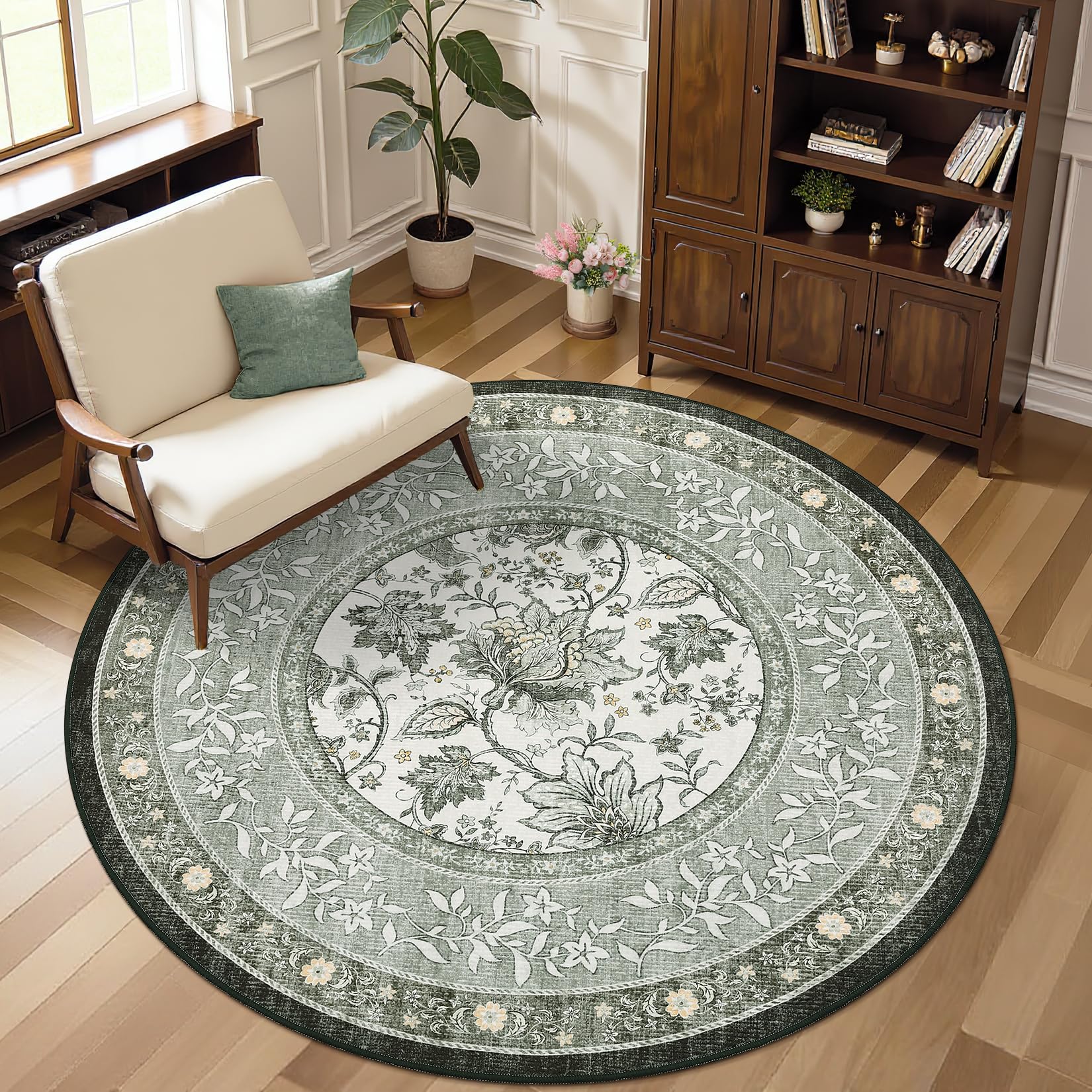 GarveeHome Provence Fog Gray Botanical Grove 5ft Round Rug, Small Circle Vintage Cottagecore Soft Low-Pile Non-Slip Washable Rugs for Living Room Bedroom Nursery Kitchen Retro Carpet