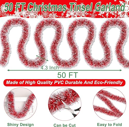 Miniatura 2 de Guirnalda de oropel de Navidad roja de 50 pies para decoración de árbol de Navidad, guirnalda colgante brillante de Navidad para chimenea,