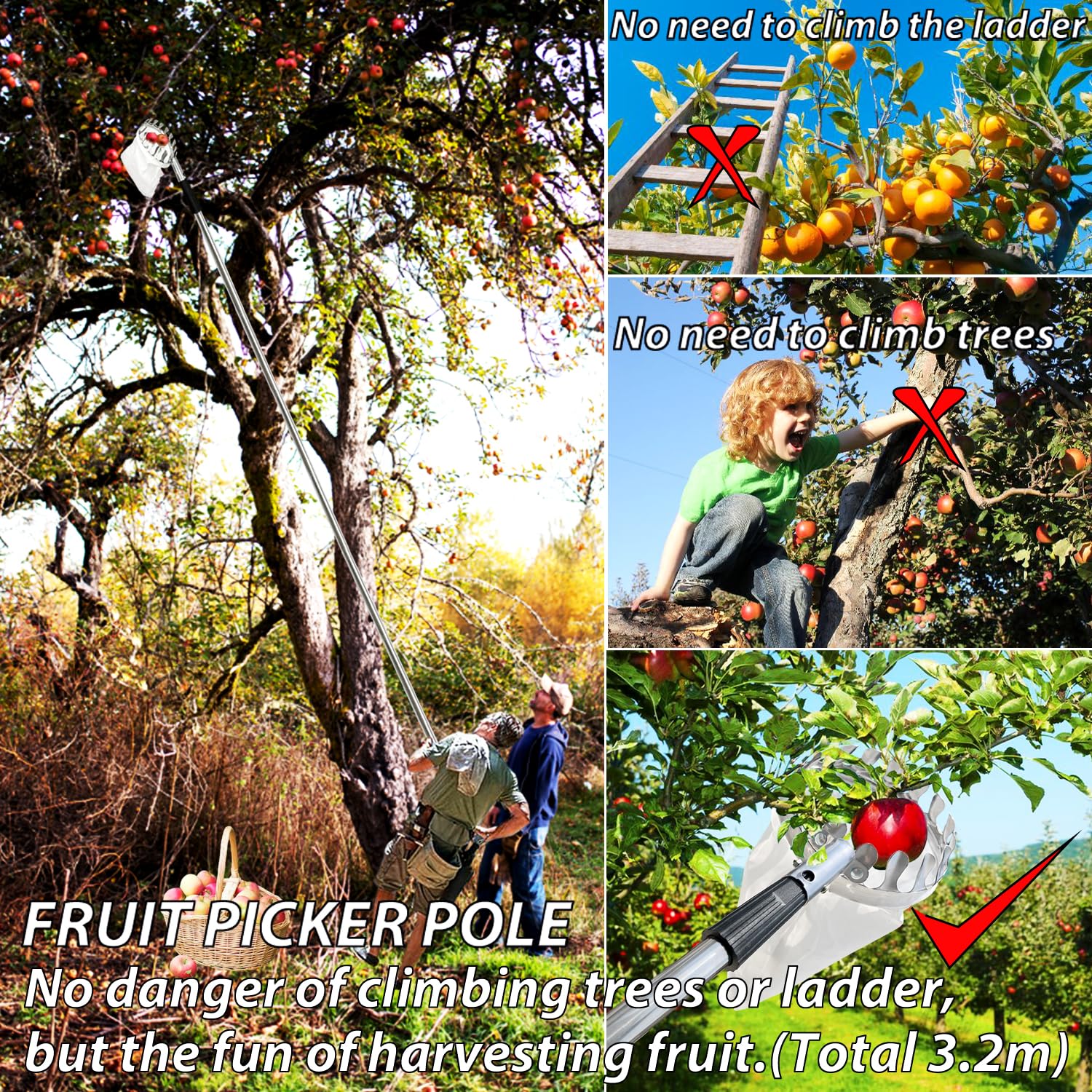 Obstpflücker mit Teleskopstiel,Jusduit 3.2M Apfelpflücker Obstpflücker mit Stoffbeutel,Obstgreifer Einfach zu Montieren,Kirschpflücker,Obstsammler für Ernteernte Apfel Orangen Pfirsichbirne Kirschen