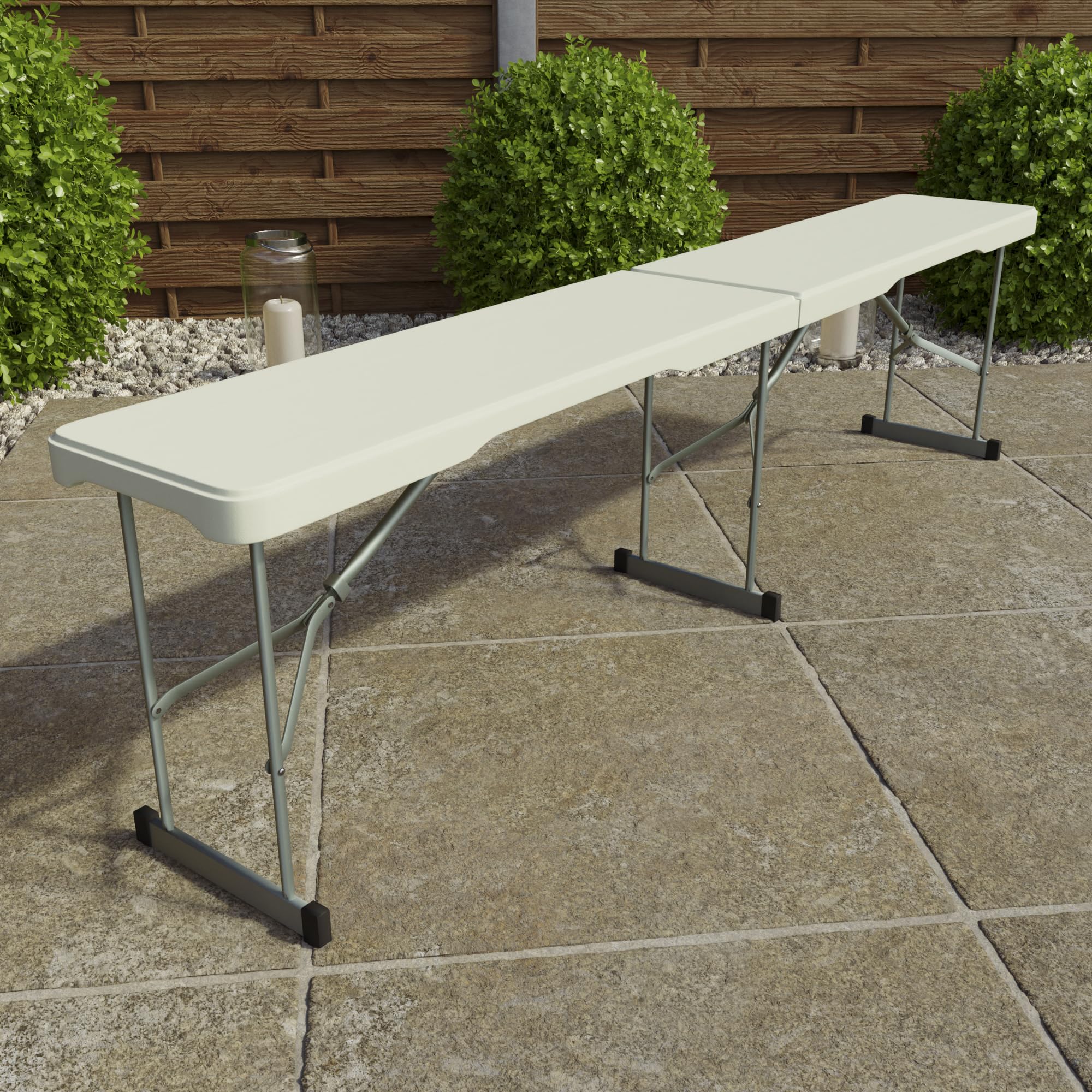 Home Vida Banc pliable de 1,8 m pour intérieur et extérieur pour jardin, pique-nique, fête, camping, salle à manger avec poignée, blanc (1)