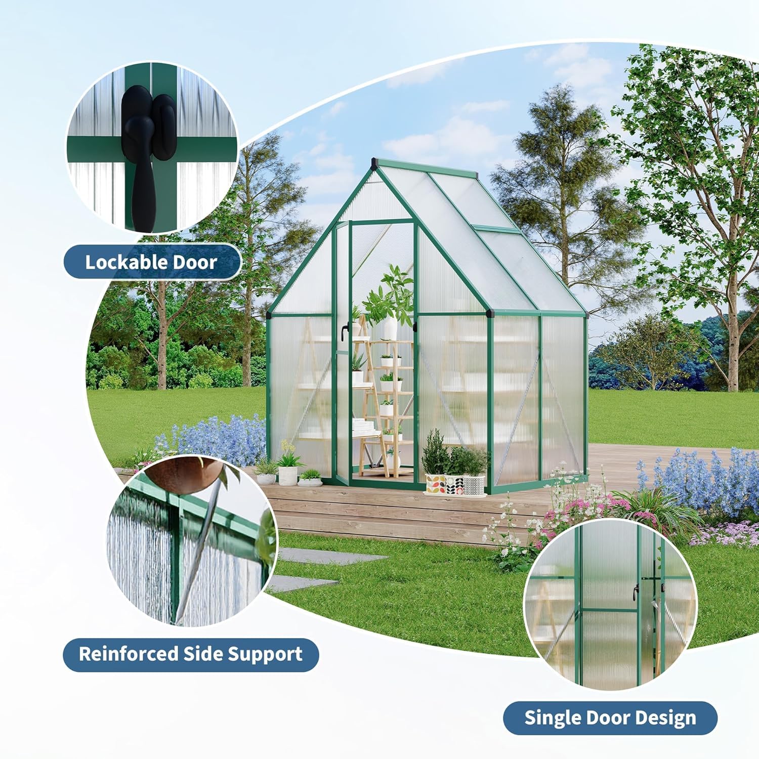Heavy Duty 6x4FT Polycarbonate Greenhouse for Outdoors – Reinforced Aluminum Frame, UV Protection, Roof Vent, Double Doors – Small Walk-in Garden Green House for All-Season Growing
