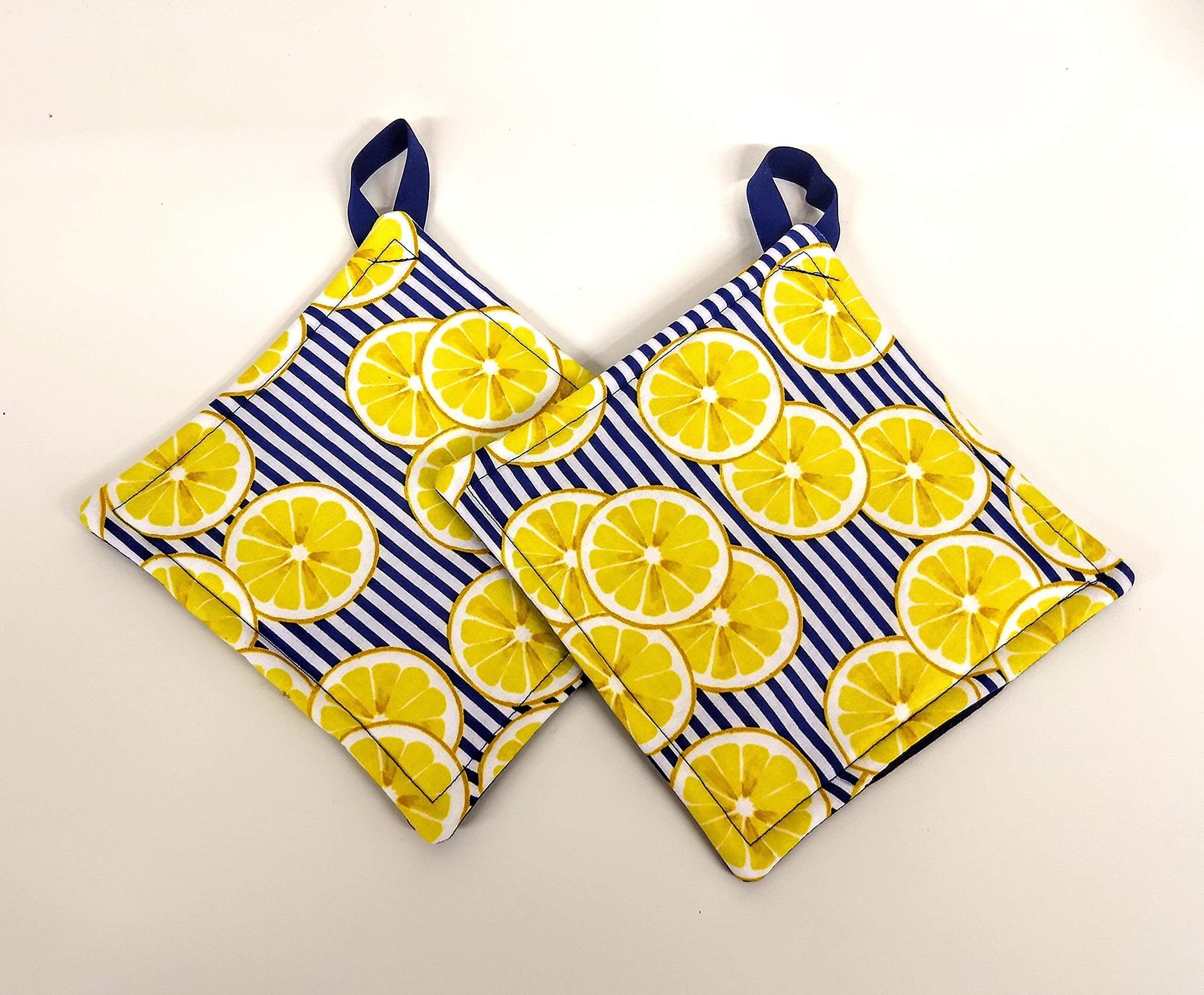 Pot holder for kitchen Pot Holder Set Oven Hot Pad Pot Holder for Cooking or Baking in a Blue Lemon Fabric Print