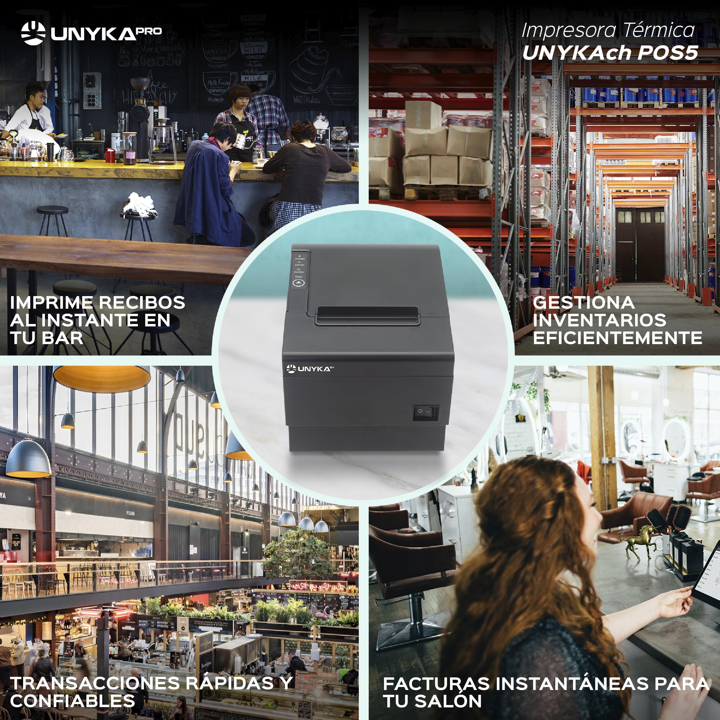 Unykach Impresora Térmica de Tickets POS5 con Corte Automático, USB, RJ12, RJ11, LAN, Compatible Windows, JPOS, OPOS, Linux, Android, Mac