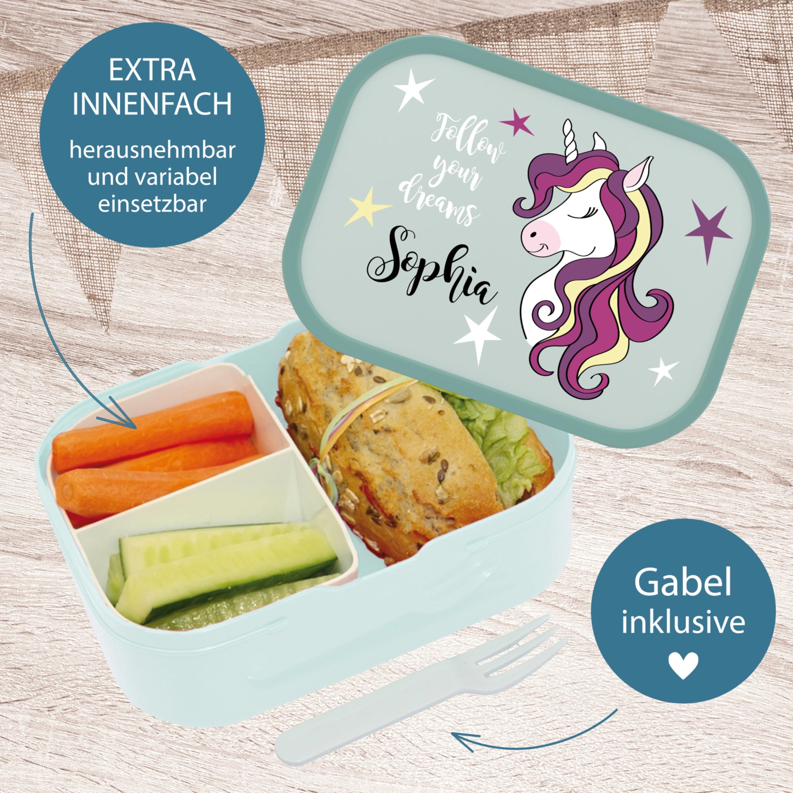 4youDesign Mepal Bento Box & Trinkflasche Set personalisiert follow you dreams – Geschenk für Kinder Weihnachten, Nikolaus, Geburtstag – Auslaufsicher – Brotdose 750ml, 400ml Flasche (Cool Mint)