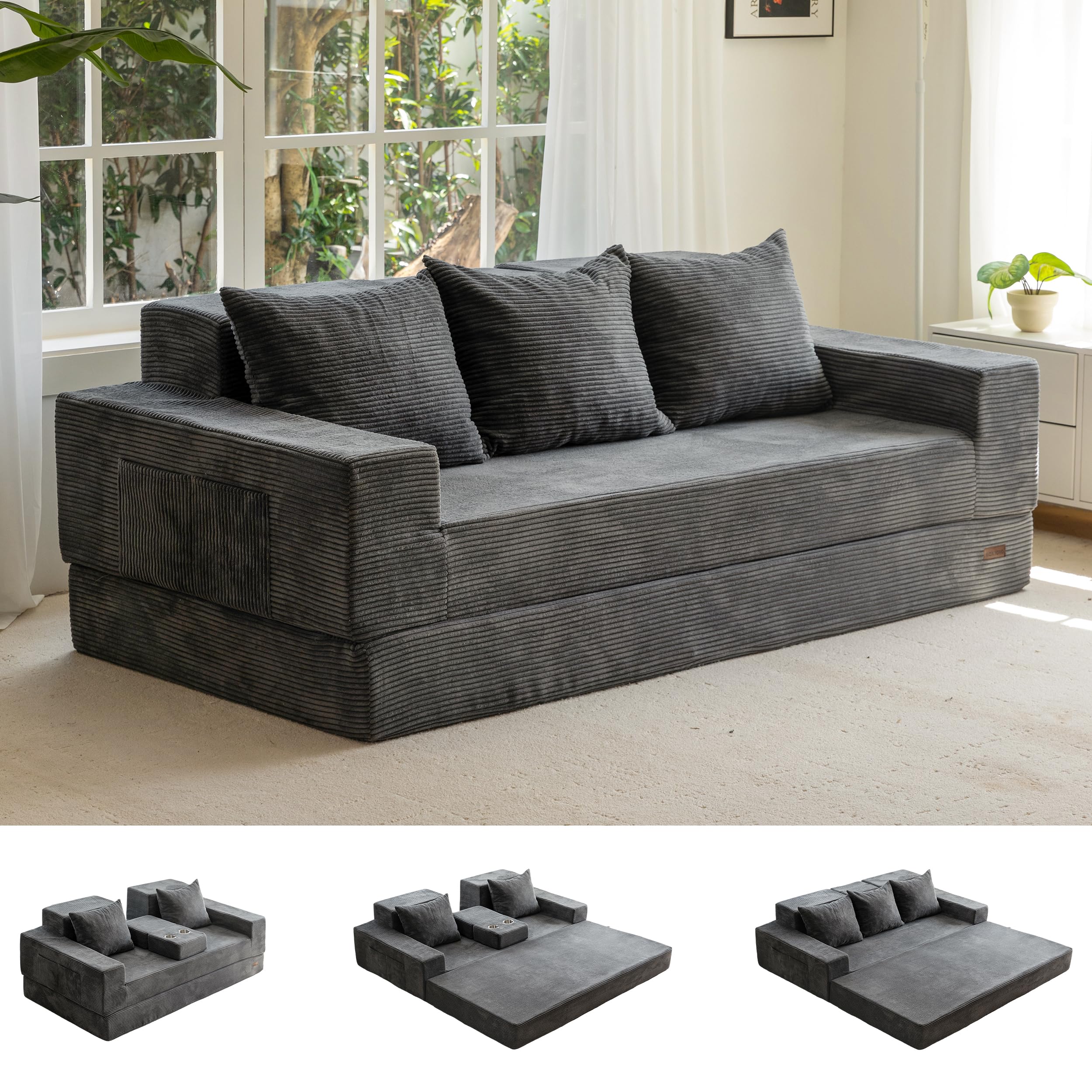 MAXYOYO Klappbares Schlafsofa, Cord-Bodensofa mit Getränkehalter | Ausziehbares Schlafsofa mit Getränkehalter und Kissen, bequemes Kompressionssofa für Wohnzimmer, Schlafzimmer, Gästezimmer