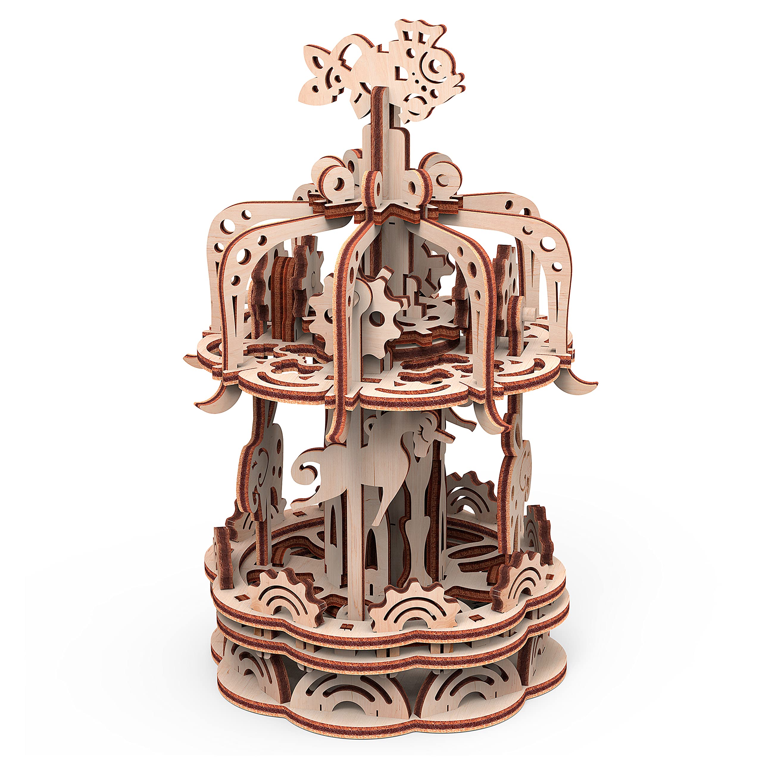 Gigamic 3D Wooden Mobile Model - Small Carousel Model - 88 Pieces - Self-Assembly - Beige