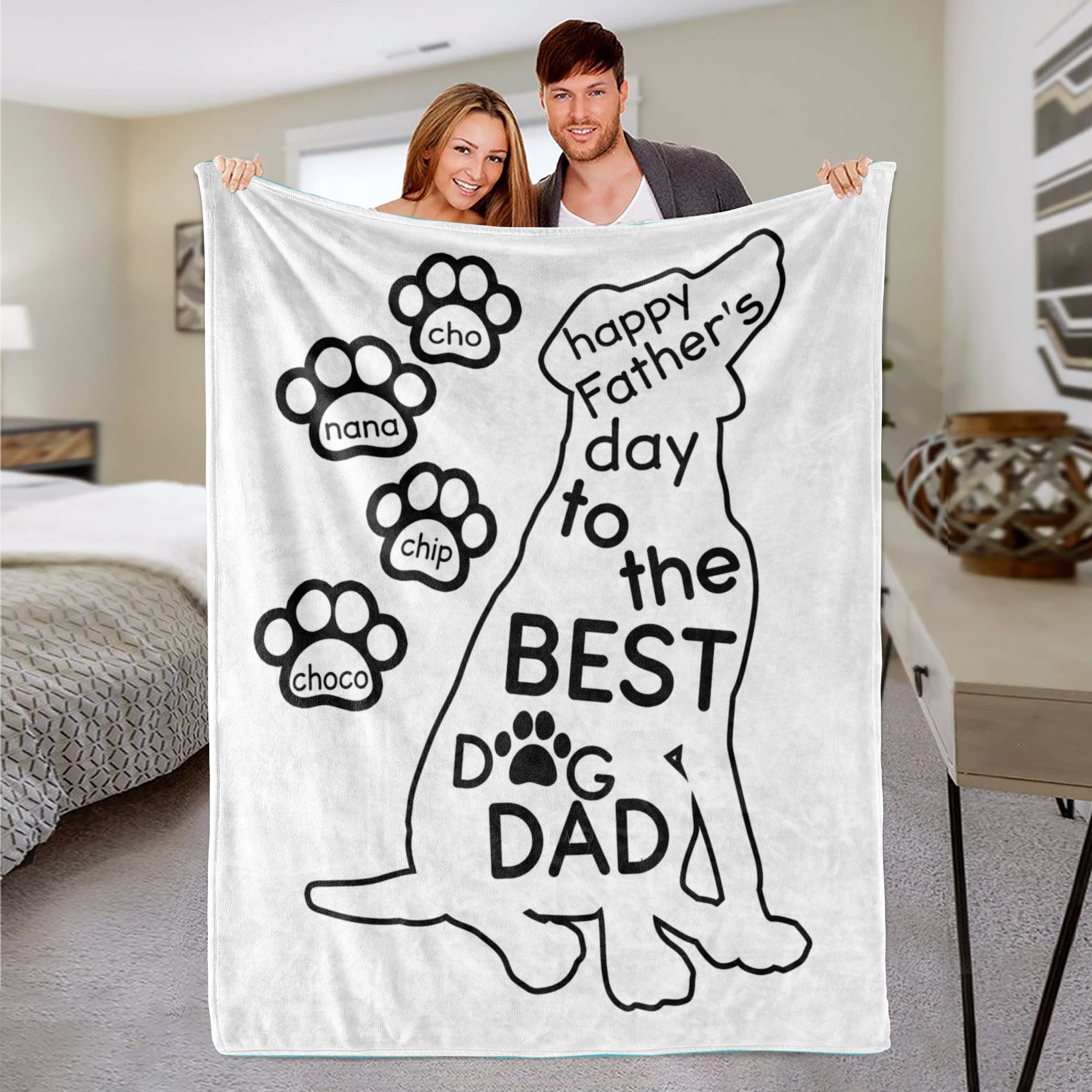 Couverture personnalisée pour chien et papa « Happy Father's Day to The Best Dad » avec noms personnalisés pour les amoureux des chiens - Cadeau personnalisé pour chiot - Cadeau pour papa - Couverture