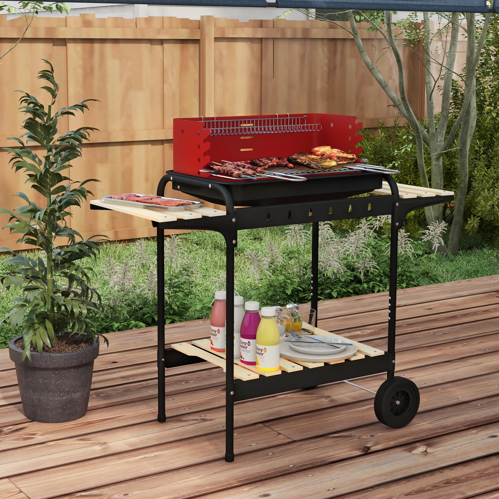 Outsunny Barbecue a Carbonella con Ruote, Griglia Regolabile, 3 Ripiani, 103x47x95 cm, Rosso