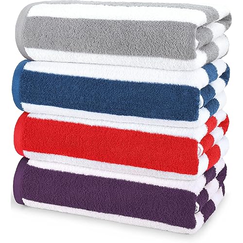 Utopia Towels Cabana Stripe Beach Towel, Oversized 100% Ringspun Cotton Pool Towels, Highly Absorbent Bath Towels for Beach (Red, Navy, Grey & Plum, 30X60 Inch - 4 Pack)