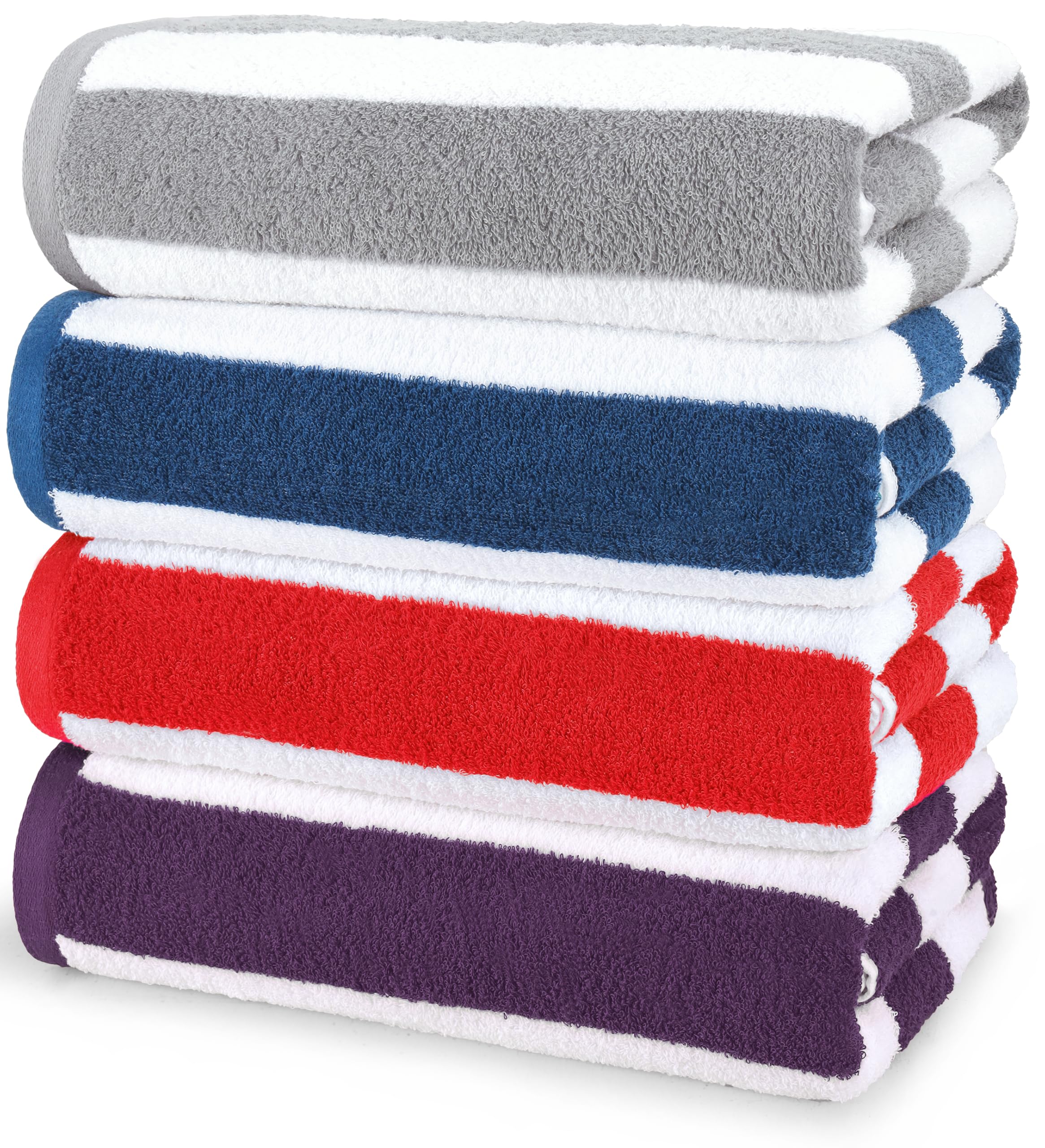 Utopia Towels Cabana Stripe Beach Towel, Oversized 100% Ringspun Cotton Pool Towels, Highly Absorbent Bath Towels for Beach (Red, Navy, Grey & Plum, 30X60 Inch - 4 Pack)