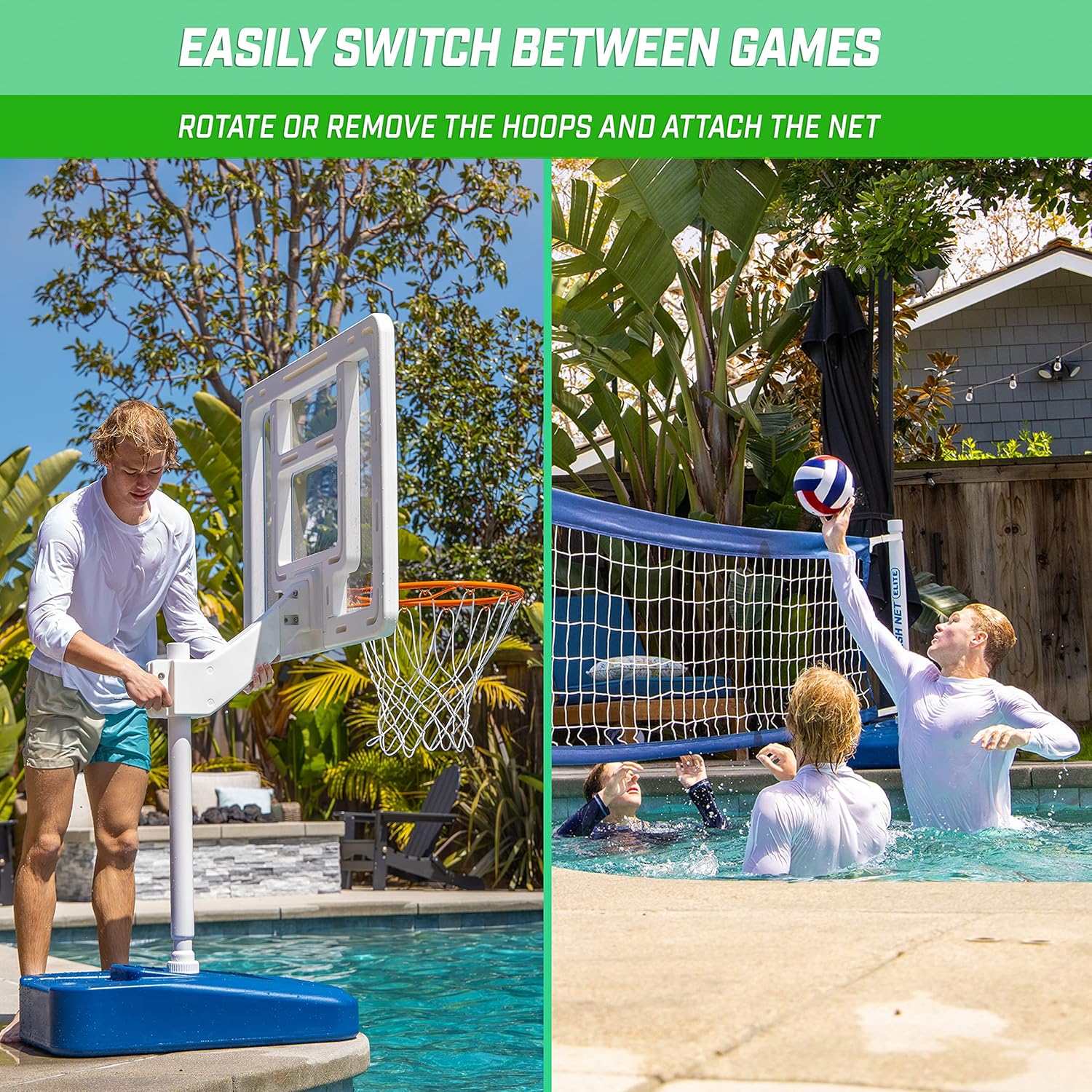 GoSports Splash Hoop Elite 2-in-1 Full Court Pool Basketball & Volleyball Game Set