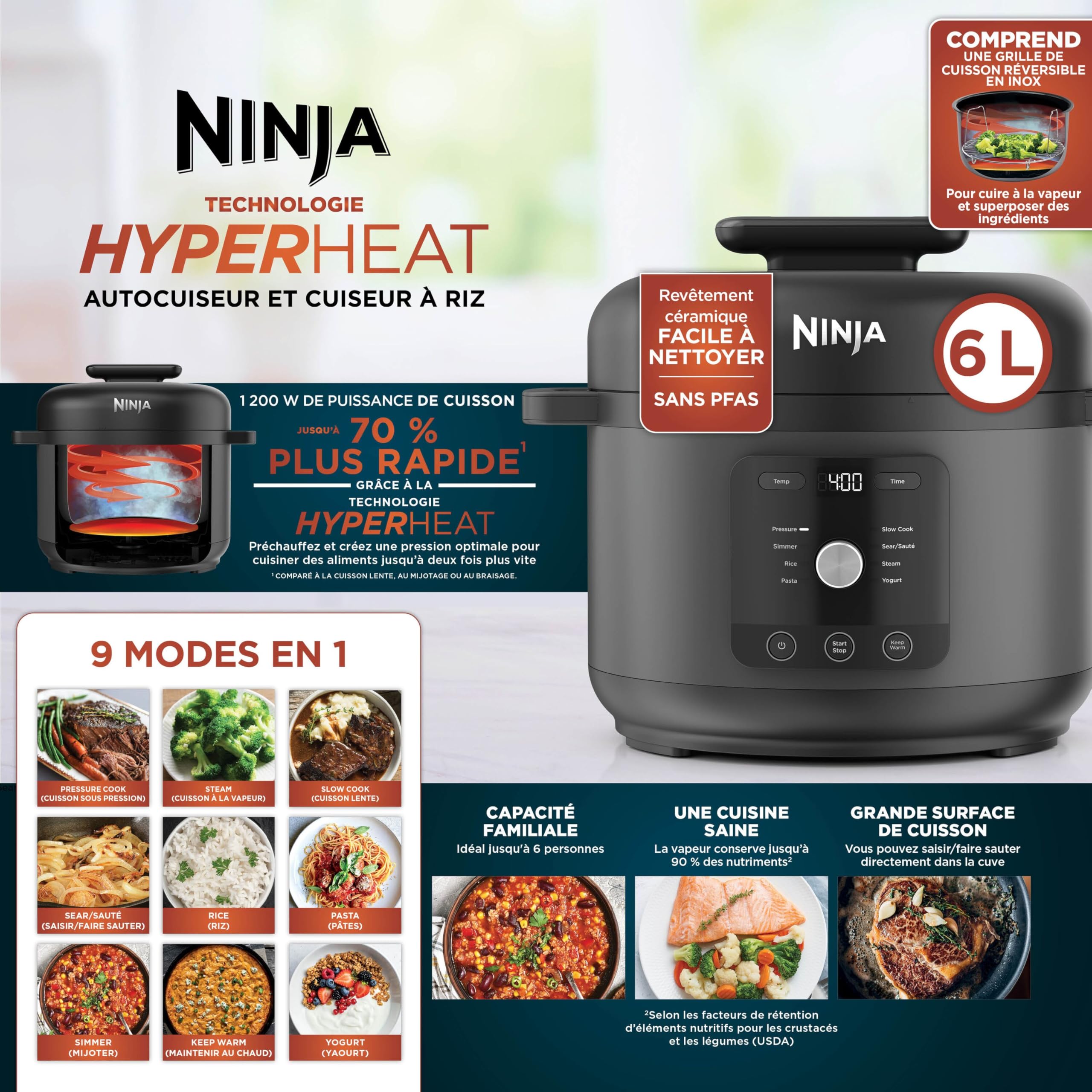 Ninja HyperHeat Autocuiseur Électrique, Mijoteuse, Cuiseur à Riz 9-en-1 de 6 l avec Grille de Cuisson Vapeur et Cuve de Cuisson Amovible Lavable au Lave-Vaisselle, Pour le yaourt, le Riz, Noir PC201EU