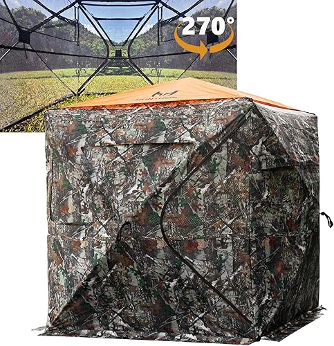 Hunting Blind for 2-3 Person, See-Through Ground Blind with Silent Zipper and Orange Top, Portable Pop-Up Tent for Deer and Turkey Hunting with