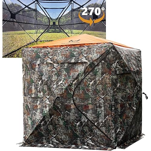 Hunting Blind for 2-3 Person, See-Through Ground Blind with Silent Zipper and Orange Top, Portable Pop-Up Tent for Deer and Turkey Hunting with Carry Bag