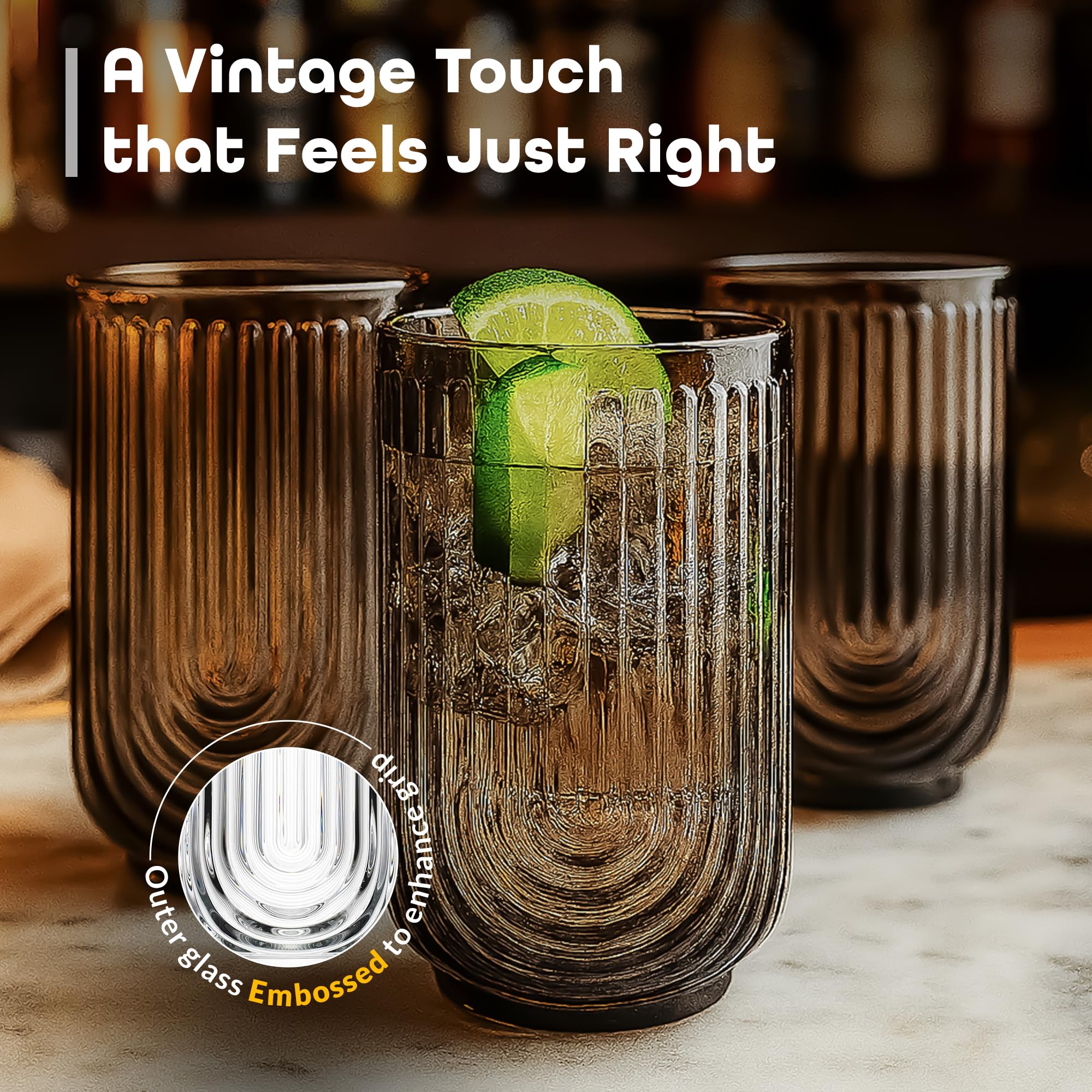 Glaver's Vintage Glassware Art Deco Glasse Ribbed Drinking Glasses U-Shape Arch Design Colored Cocktail Kitchen Tumblers Everyday Dinner Decorative Party (): Smoke S/4 17oz