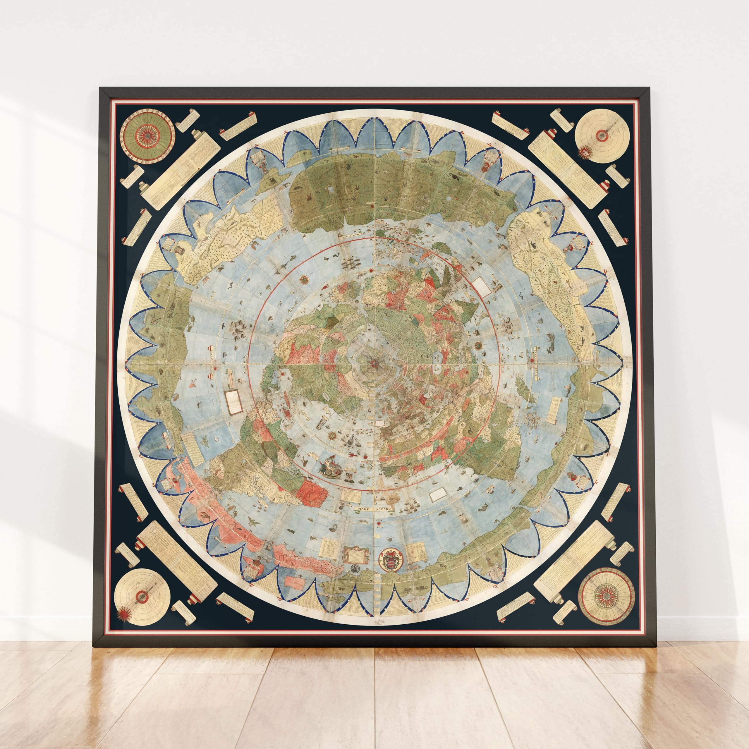 Historic Pictoric Urbano Monte World Map 1587 – Rare Antique Planisphere Flat Earth Print, Vintage Wall Art 24in x 24in