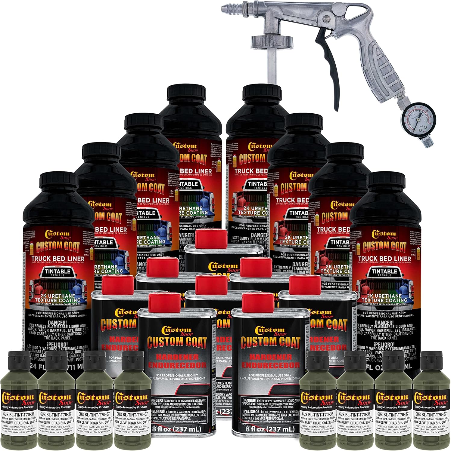 Custom Coat Federal Standard Color # 34094 Olive Drab T70 Urethane Spray-On Truck Bed Liner, 2 Gallon Kit with Spray Gun and Regulator - Durable Textured Protective Coating - Easy Mix Car Auto