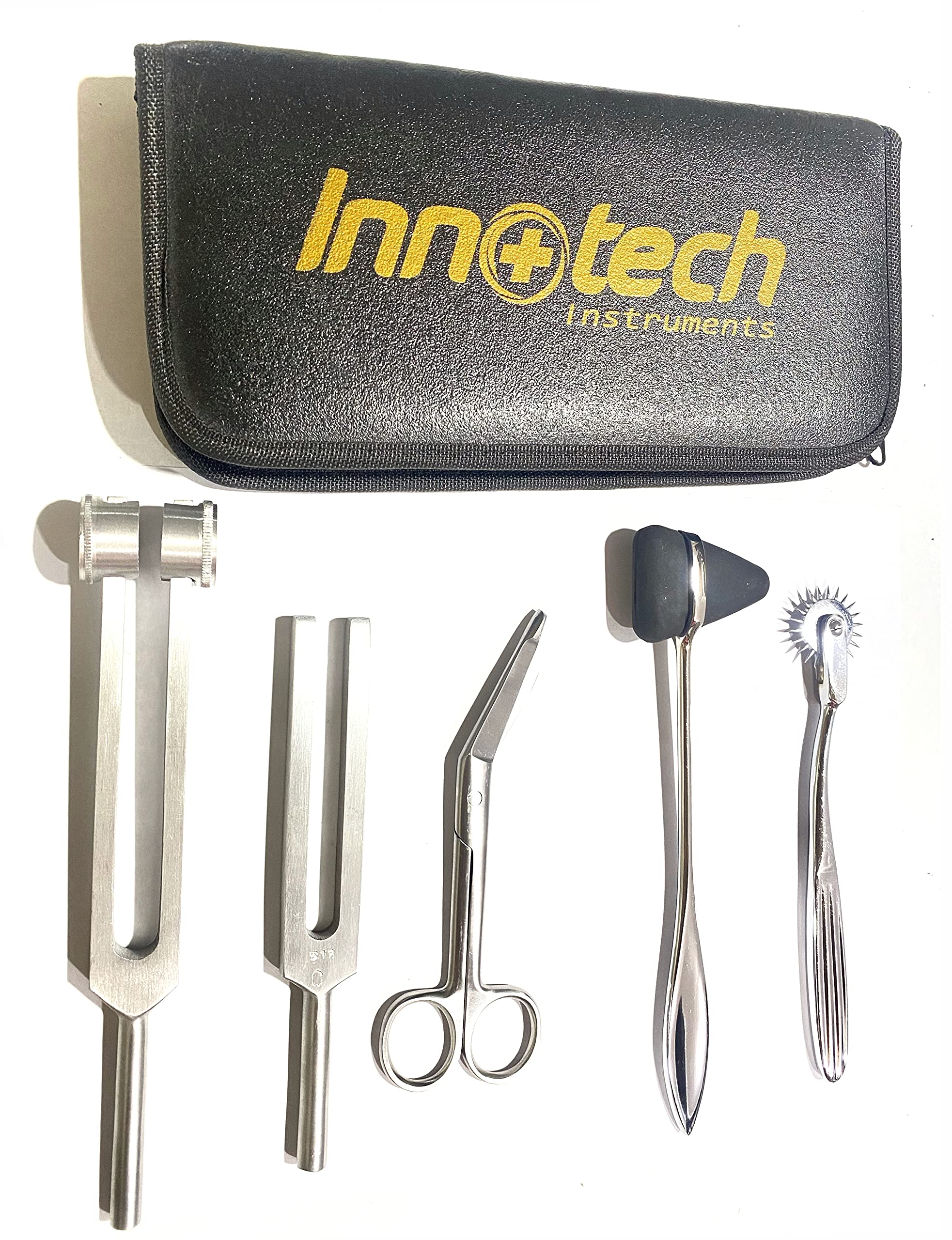 Innotech Jeu de 5 outils de diagnostic réflexe et neurologie avec roue nerveuse, marteau à réflexe, ciseaux à bandages et fourche d'accordage 512 Hz et 128 Hz (kit réflexe)