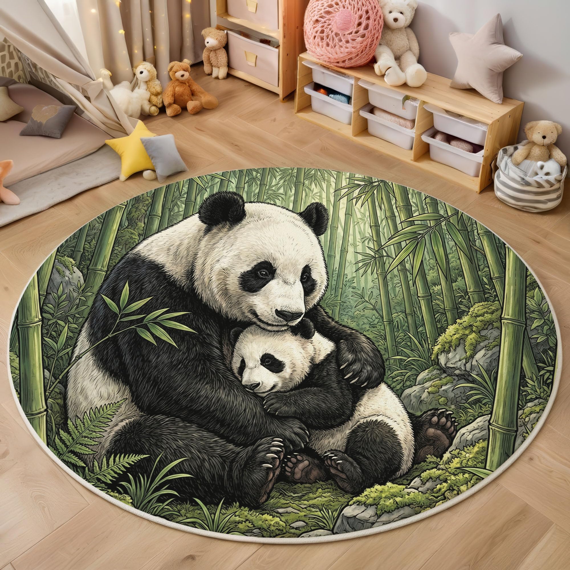 Tapis rond panda et bambous au design forêt pour décorer la chambre enfant